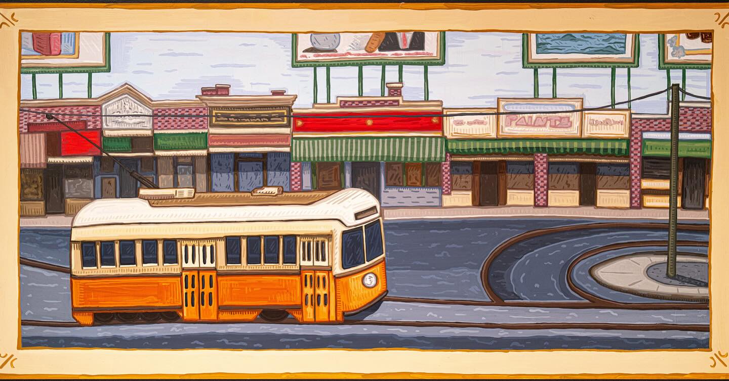 Train, 1’x2’, from the Woven City installation at 55 Brighton Ave in Allston, MA! Did you know that the green line, pictured here in a striking orange, used to have an A line?! This is based off a photo near today’s Twin Donuts! It went along Brighton Ave all the way to Watertown! For a bit more history and advocacy around public transportation in MA, check out @transitmatters !
This is one of four complimentary paintings from the Woven City installation. I’ll be posting the rest this week, so stay tuned for the other ones!
.
.
.
Obviously, thank you’s all around to @thehamiltoncompany for commissioning the work and being a great project partner, @a.little.bird for your help with concept development and installation, @whatfurreal @mmgilleran @annabellaramaci @vasoirre for help with installation, and, of course @estemar720 for your stunning photographs of the art!
.
.
.
#WovenCity #publicart #communityart #bostonart #fineart #installationart #artinstallation #sitespecificart #bosart #metalart #painting #goldenacrylics #acrylicpaint #acrylicpainting #dipinto #pittura #pitturacontemporanea #transitart #trainart #choochooArt #urbanism #allston #allstonart #allstonbrighton #trainart #transitmatters #mbta #greenline #subwayart