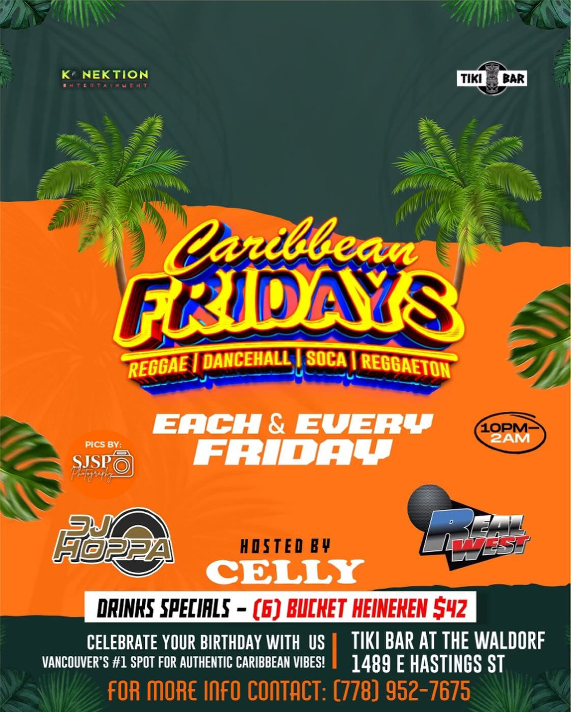 🌴✨ Ready for the hottest party in town? Every Friday, we bring the vibrant beats of Reggae, Dancehall, Soca, and Reggaeton to the heart of Vancouver. Come vibe with us from 10 PM-2 AM! 🎉🍹 Specials on Heineken buckets!