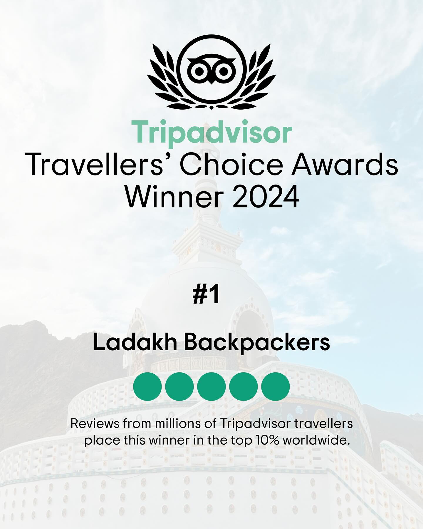 It’s with utmost pride we announce that Ladakh Backpackers has bagged the prestigious Tripadvisor’s “Travellers Choice Award” for the 4th consecutive time! Moreover, we are pleased to retain our position as the number 1 rated tour company in Ladakh.
Huge thanks to our incredible team, travel partners, and our wonderful guests for making this possible.#LadakhBackpackers #TravellersChoice #tripasvisor