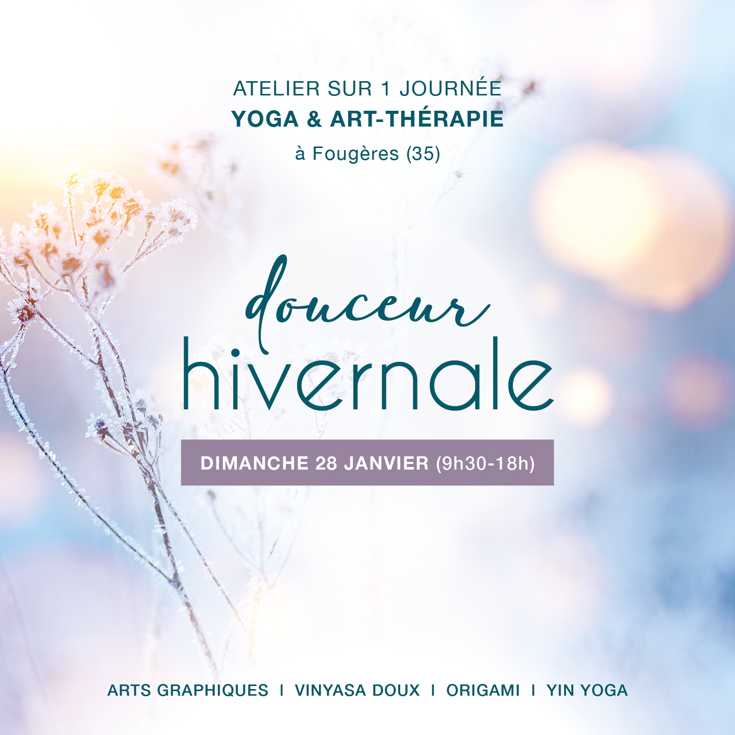 * DOUCEUR HIVERNALE *
Atelier de yoga & art-thérapie le 28/01
🥶 Au milieu de l'hiver, les tristes pensées s'emparent parfois de nous..
Et nous oublions que la plus chaude des lumières se trouve juste là, dans notre cœur.
✨ D'où l'importance de réveiller en douceur notre pouvoir intérieur !
❄️ Grâce à nos pratiques de yoga et d'art-thérapie, @anouck.rivet et moi t'invitons le temps d'une journée, à te reconnecter aux joies et aux beautés du froid.
À l'écoute de tes sens et de tes envies, nous t'emmènerons au cœur de l'expérience du Hygge. Avec cet art de vivre, cette belle philosophie, tu créeras un espace réconfortant en toi et, pour ta maison, un souvenir délicat.
☕ Nous aurons prévu tout le matériel (art et yoga), les collations et les boissons.
Tu n'auras plus qu'à préparer ton pique-nique !
Tu ressens l'envie de faire une pause et de prendre soin de toi ?
Rendez-vous le dimanche 28 janvier 2024, de 9h30 à 18h
à l'Espérance, Corps et Graphies : 1 bis rue Le Bouteiller, à Fougères (35)
Retrouve le programme détaillé et le formulaire d'inscription sur mon site (lien en bio)
#ateliercréatif #yoganidrafrance #yinyoga #meditation #journeebienetre #atelieryoga #hygge #douceur #hiver #douceurhivernale #bienêtre #origami #atelierartistique #chaudfroid #retourasoi #introspection #détente #arttherapie #atelierart #unpasunepage #mathildebourdon #atelierfemme #vinyasaflow #vinyasa #prendresoindesoi #atelierbienetre #graphisme #instaart #instacreatif #instayoga