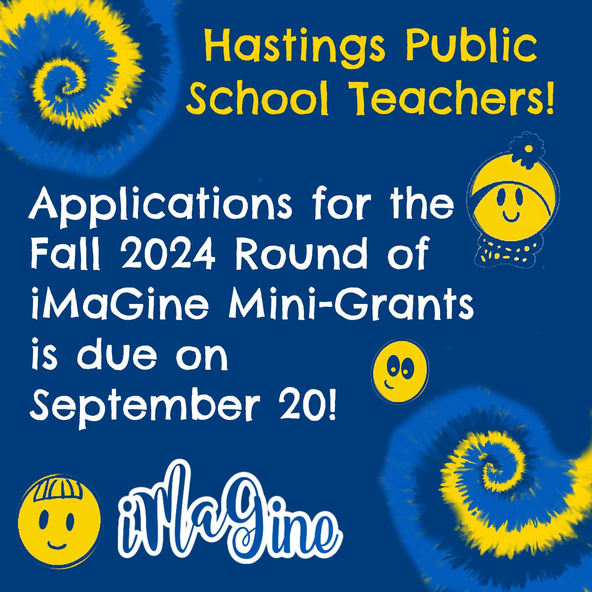 Heads up Hastings Public School teachers!
The deadline for the Fall 2024 Mini-Grant Applications is fast approaching!
Make sure you get yours in by September 20, in order for your request to be considered in this round of funding!
More details here: imaginehastings.org/mini-grants