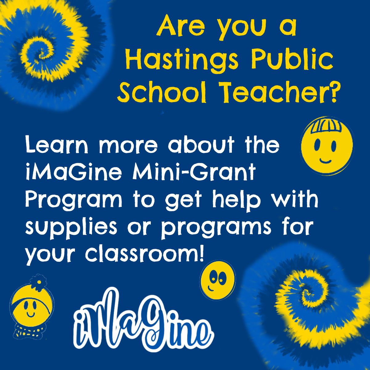 ICYMI, we launched our iMaGine Mini-Grant program yesterday!
We want to help teachers get the supplies and programs they need for their classrooms! If you are a Hastings Public School Teacher, we urge you to take a look!
Grant applications for this funding cycle are due on September 20!
You'll find a link with more information in our bio!