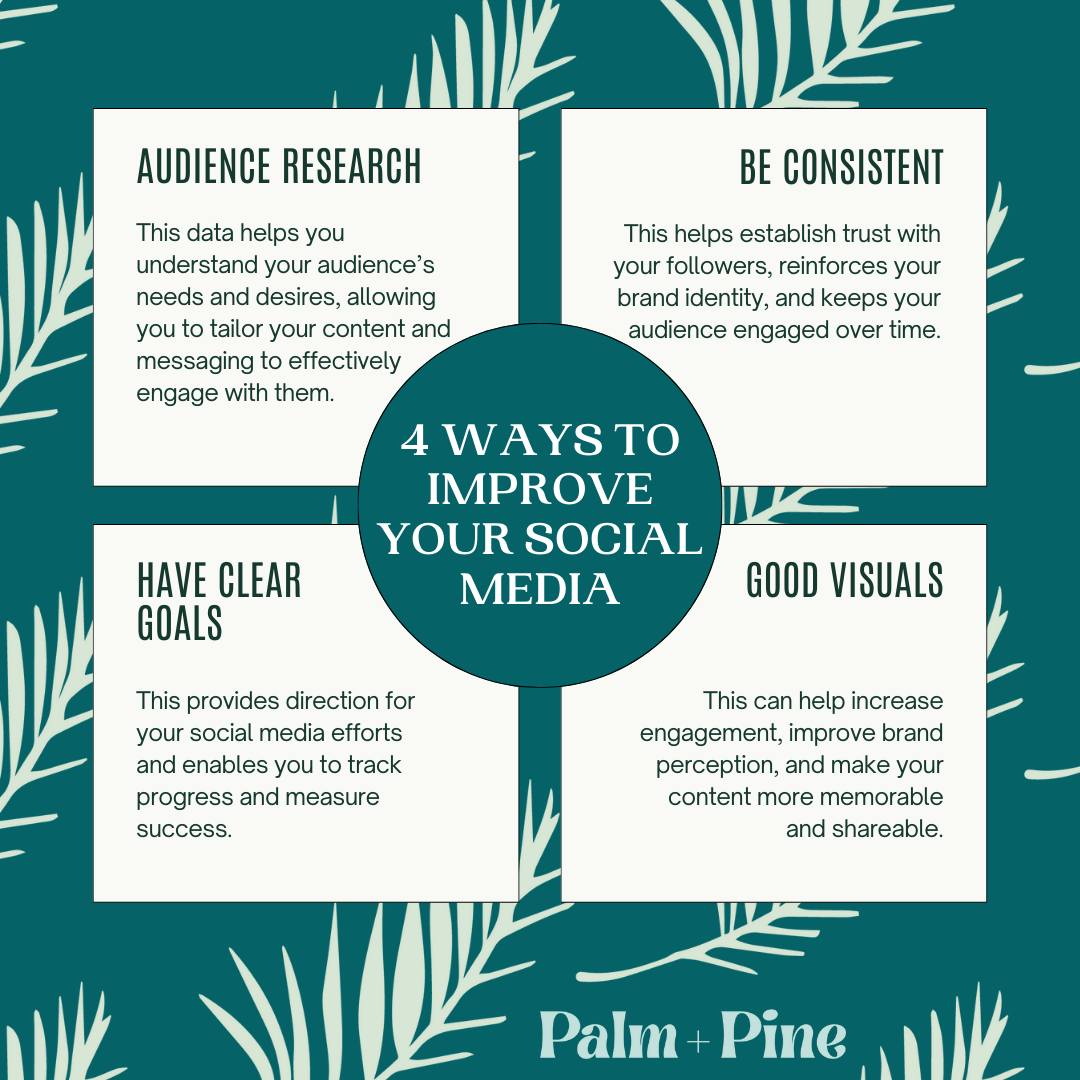 🌲 Here at Palm + Pine, we like to share what we learn from years of doing social media!
So 🥁… here are 4 ways to improve your social media presence! 👌
Do you think you got what it takes to handle your business all by yourself? Have you done your research, set your goals, have content for the whole month? 🤔
We are here to help you! Send us a message today and let’s bring your business the marketing consistency it deserves! ✨
#PalmPine #PalmPineMarketing #SocialMediaManager #SocialMediaTips #SocialMediaImprovement #BusinessGrowth