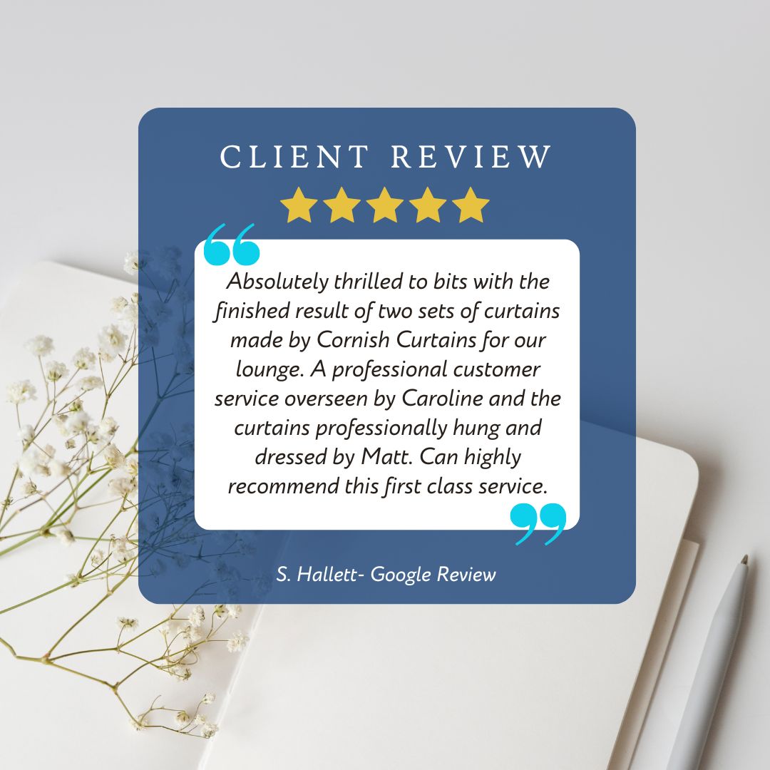 Thrilled with another happy client review
#review #reviews #5starreview #5starreview #cornwall #cornwalllife #cornwallcoast #cornwallliving #madetomeasure #madetomeasureblinds #madetomeasurecurtains #madetomeasureshutters #curtains #blinds