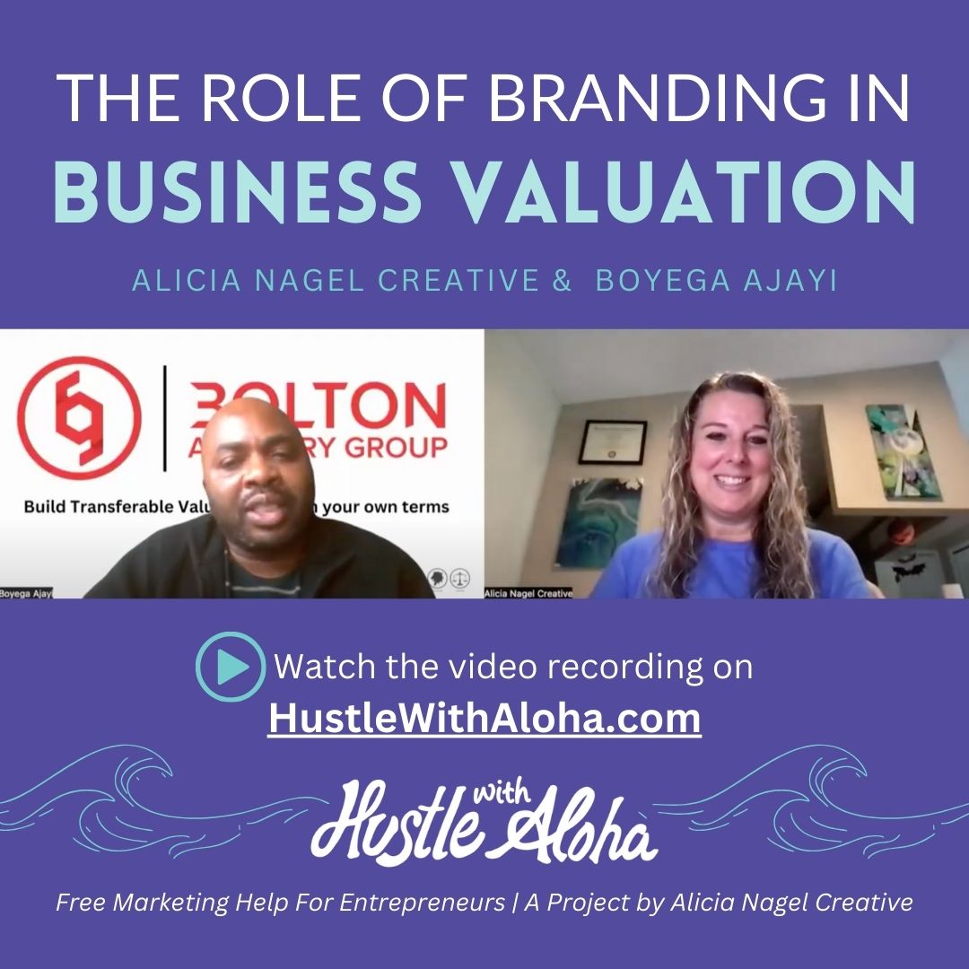 Recently I had the pleasure of meeting Boyega O Ajayi of Bolton Advisory Group in a mastermind group I'm a part of and nerding out on branding and how it affects the value of a business. He is a business coach and advisor who particularly focuses on helping business owners map out an exit strategy or succession plan. Watch the video of our talk at https://www.hustlewithaloha.com/
Boyega understands the value of branding when it comes to the financial strength and resilience power of a business - and actually has ways of translating that into business valuation concepts. As you can imagine, we had way too much fun talking about this topic and I'm so excited to share a video recording of us doing just this! Boyega went above and beyond by also creating a follow-up whitepaper for me to share as well that touches on the topics we chatted about, which you can find on the blog at https://www.hustlewithaloha.com/
#businessvaluation #businesssuccession #branding #brandvalue #BrandEquity #HustleWithAloha #alicianagelcreative