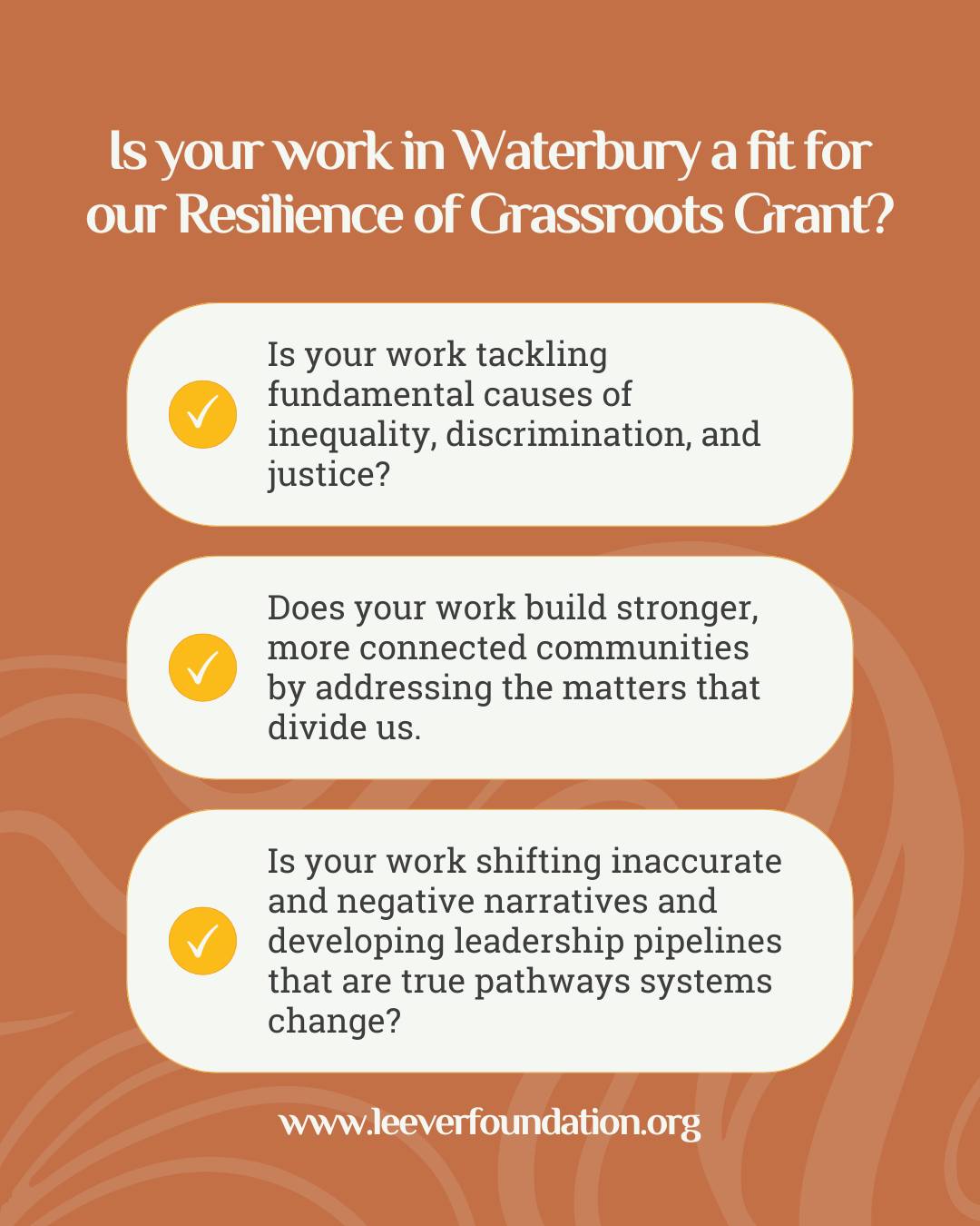 We believe in community-driven change!
Our invite-only Resilience of Grassroots Spring Grant opportunity prioritizes grassroots organizations and community initiatives that:
✔️ Tackle the fundamental causes of inequality, discrimination, and injustice in our society
✔️ Build stronger, more connected communities by addressing the matters that divide us
✔️ Shift inaccurate and negative narratives and develop community leadership pipelines that are true pathways systems change
If your work - or that of an organization you know - aligns with the priorities above, reach out to schedule an exploratory call so we can learn more. Send us an email at info@leeverfoundation.org to schedule.
#GrassrootsLeadership #Waterbury #GrantOpportunities #GrassrootsGrant #SocialChange #SystemsChange