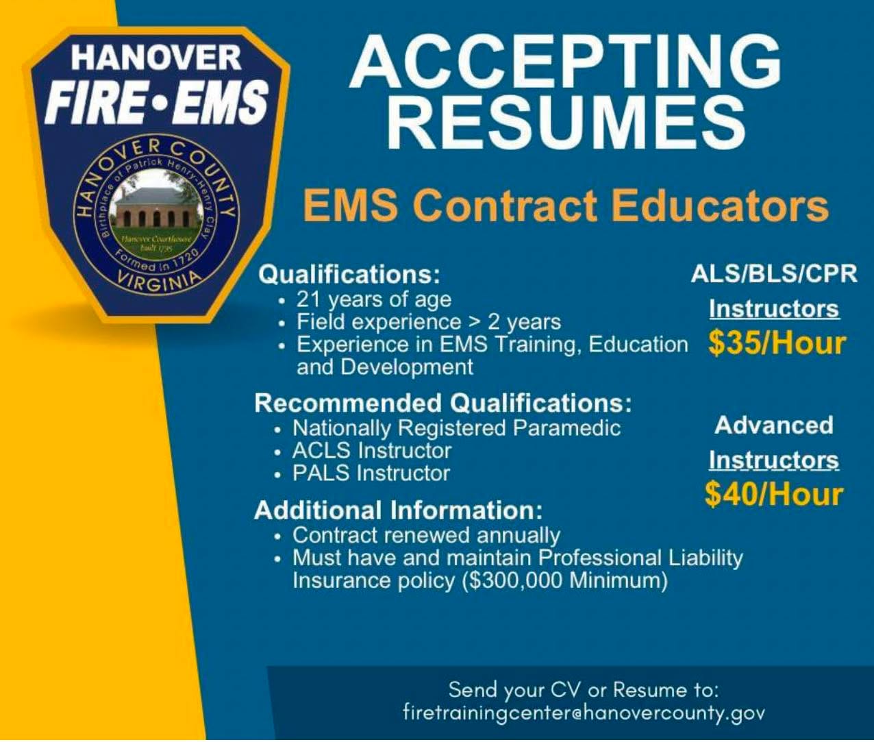 If you love teaching EMS and looking for something part-time, Hanover Fire-EMS is a great place to be.