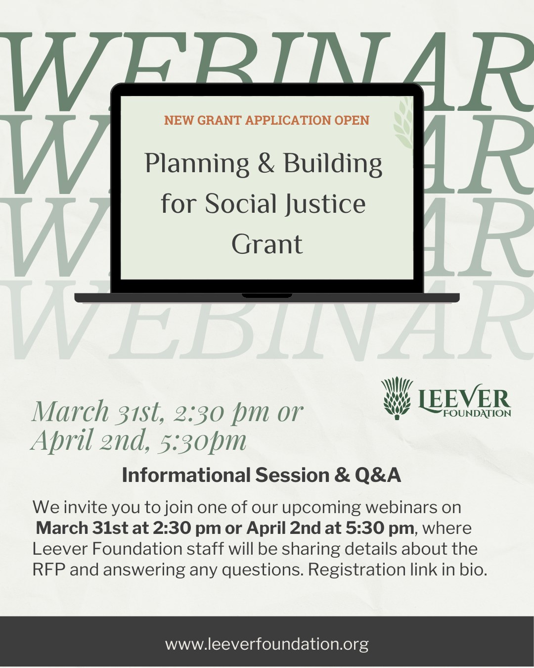 Thinking of applying for the Planning & Building for Social Justice Grant? Don’t miss this!
📣 All applicants MUST attend a mandatory 45-minute webinar to be eligible for funding. This session will cover:
✅ Grant eligibility & funding priorities
✅ How to submit a strong application
✅ Q&A with the Leever Foundation team
💻 Upcoming Webinar Dates: March 31st, 2025 at 2:30 PM, April 2nd, 2025 at 5:30pm
📝 Register here for the March date: https://bit.ly/PBMarchWebinar
📝 Register here for the April date: https://bit.ly/PBAprilWebinar
This is a funding opportunity for community-driven groups committed to advancing justice and equity in Waterbury. Make sure you’re ready to apply!
#GrantFunding #SocialJustice #CapacityBuilding #WaterburyCT #LeeverFoundation