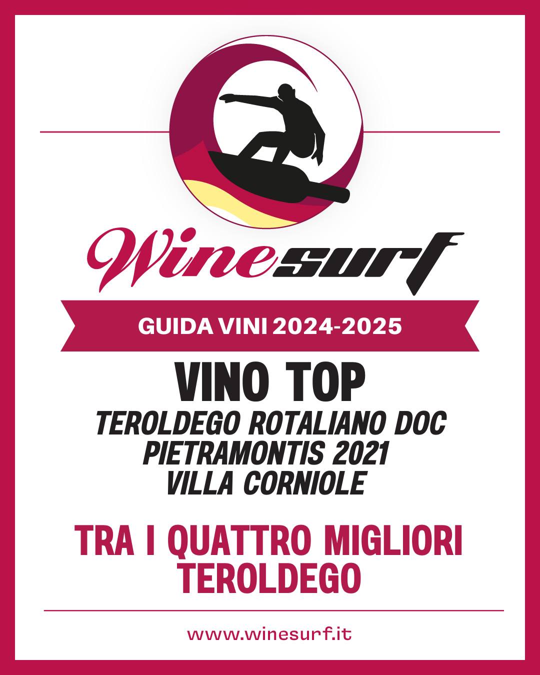 Un riconoscimento speciale per il nostro Teroldego Rotaliano DOC Pietramontis 2021, inserito nella guida WineSurf 2024-2025 come uno dei quattro migliori #Teroldego del Trentino. Un risultato che premia la nostra passione e il nostro impegno nella produzione dei nostri vini di montagna. Grazie @winesurf.magazine Carlo Macchi
#VillaCorniole #Teroldego #WineSurf #VinoTop #EccellenzaTrentina #ViniDiMontagna #Pietramontis2021 #VinoDiQualità #TeroldegoRotaliano