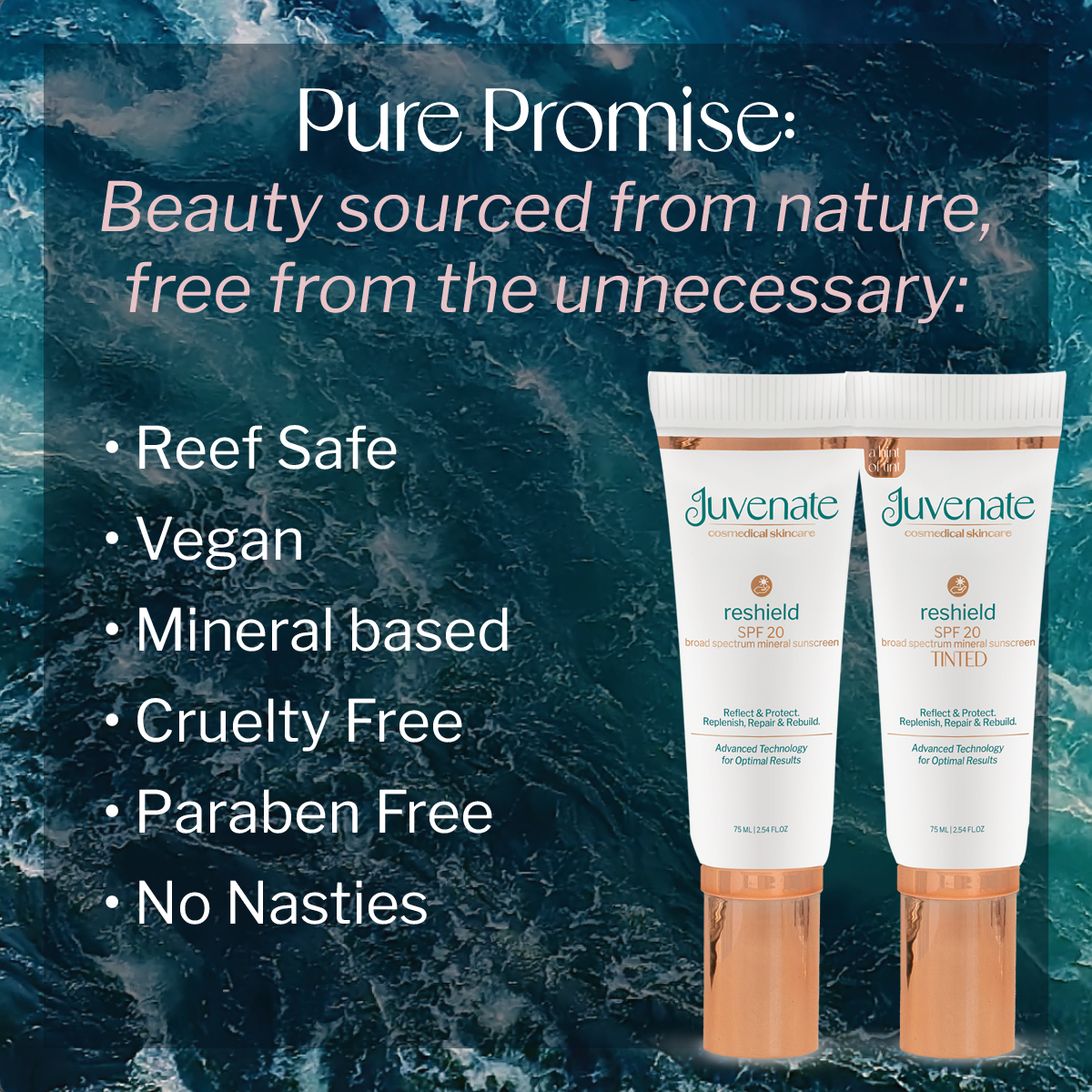 Juvenate ReSheild SPF20 sunscreen (with titanium dioxide & zinc) also has a wonderful anti-inflammatory effect on the skin. It is moisturising, soothing, reduces signs of ageing, and strengthens, firms and plumps the skin.
Available in both tinted and non-tinted.