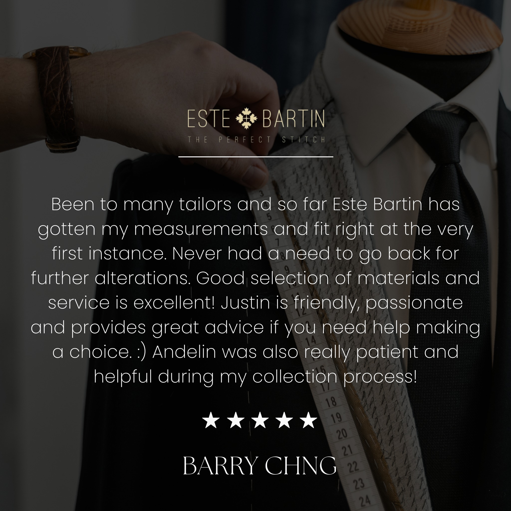 Rave reviews from another delighted customer! 🌟 Este Bartin prides itself on precision and personalized service. With a knack for nailing the perfect fit on the first try, we make sure you leave feeling confident and satisfied. From fabric selection to final collection, our team, led by Justin and Andelin, is here to ensure your experience is nothing short of exceptional. Thank you for choosing Este Bartin for your bespoke needs! #EsteBartin #SatisfiedCustomer #TailoredPerfection