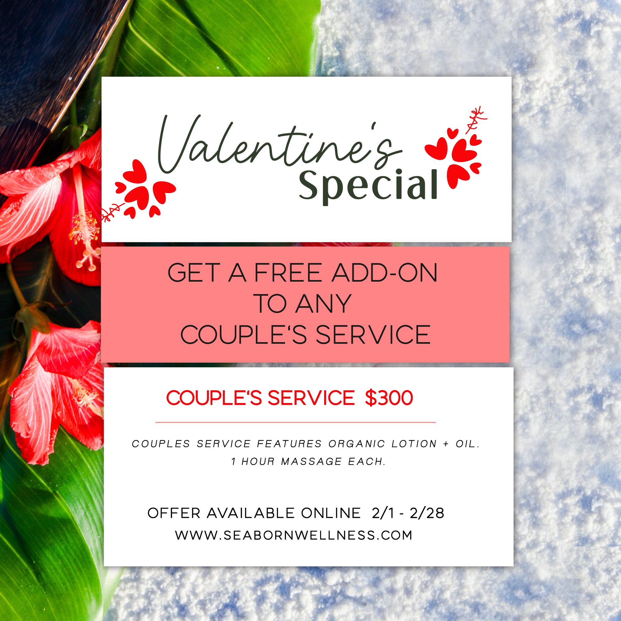 COUNTDOWN to VALENTINE'S DAY is 4 WEEKS from today! πππΉ
Are you navigating the pressure of planning the perfect day for you and your sweetheart? Take advantage of our Valentine's Special and start the day off with a surprise massage at home! Book a couple's service in the month of February and receive a free add on to both massages.
ADD ONS INCLUDE:π΄ππ
-Hot Stones (full body)
-Aromatherapy
-Muscle balm
-Sea mineral skin mist
-Earth harbor hair revive
-Nymph nectar face mask
Claim this offer by booking a couple's massage online within the dates 2/1-2/28.
Book at www.seabornwellness.com
Happy Valentine's Day!
.
#happyvalentinesday #spalife #southwalton #destin #mobilemassage #beachhappy #massage #destinflorida #inhomemassage #seabornwellness #Sowal #beachesofsouthwalton #sowalbeaches #panamacitybeach #30a #30A #sowal #massagetherapy #luxurymobilemassage