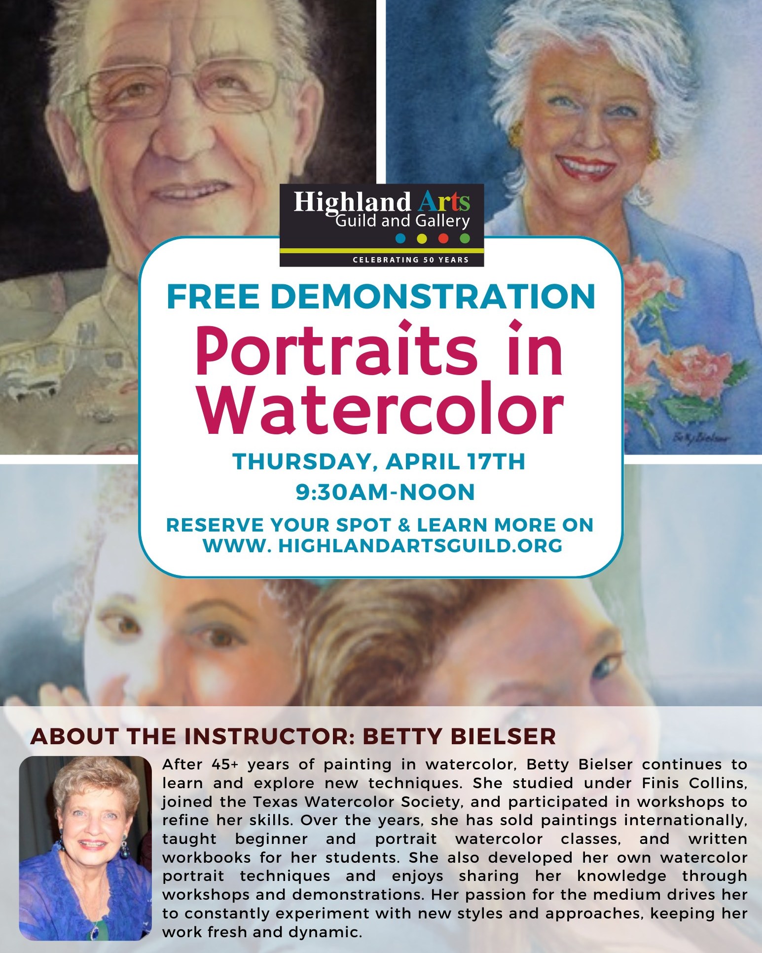 FREE DEMO | Portraits in Watercolor
Join us for an inspiring free watercolor demonstration with Betty Bielser as she showcases her technique for developing stunning watercolor portraits. With over 45 years of experience in the medium, Betty has refined her approach to capturing the essence and character of her subjects through delicate washes and expressive brushwork.
Date: April 17, 2025�Time: 9:30 AM – 12:00 PM�
Location: Highland Arts Gallery�
Fee: Free
Spots Available: 20 (Public attendance encouraged)
🎨 How to Register:�Arrive at the Highland Arts Gallery by 9:00 AM to sign up or register in advance at highlandartsguild.org.
This is a unique opportunity for artists and art enthusiasts to witness Betty’s masterful portrait techniques and gain insight into her process, developed over decades of dedication to watercolor. Whether you're an aspiring painter or simply an admirer of the arts, don't miss this engaging and educational experience!