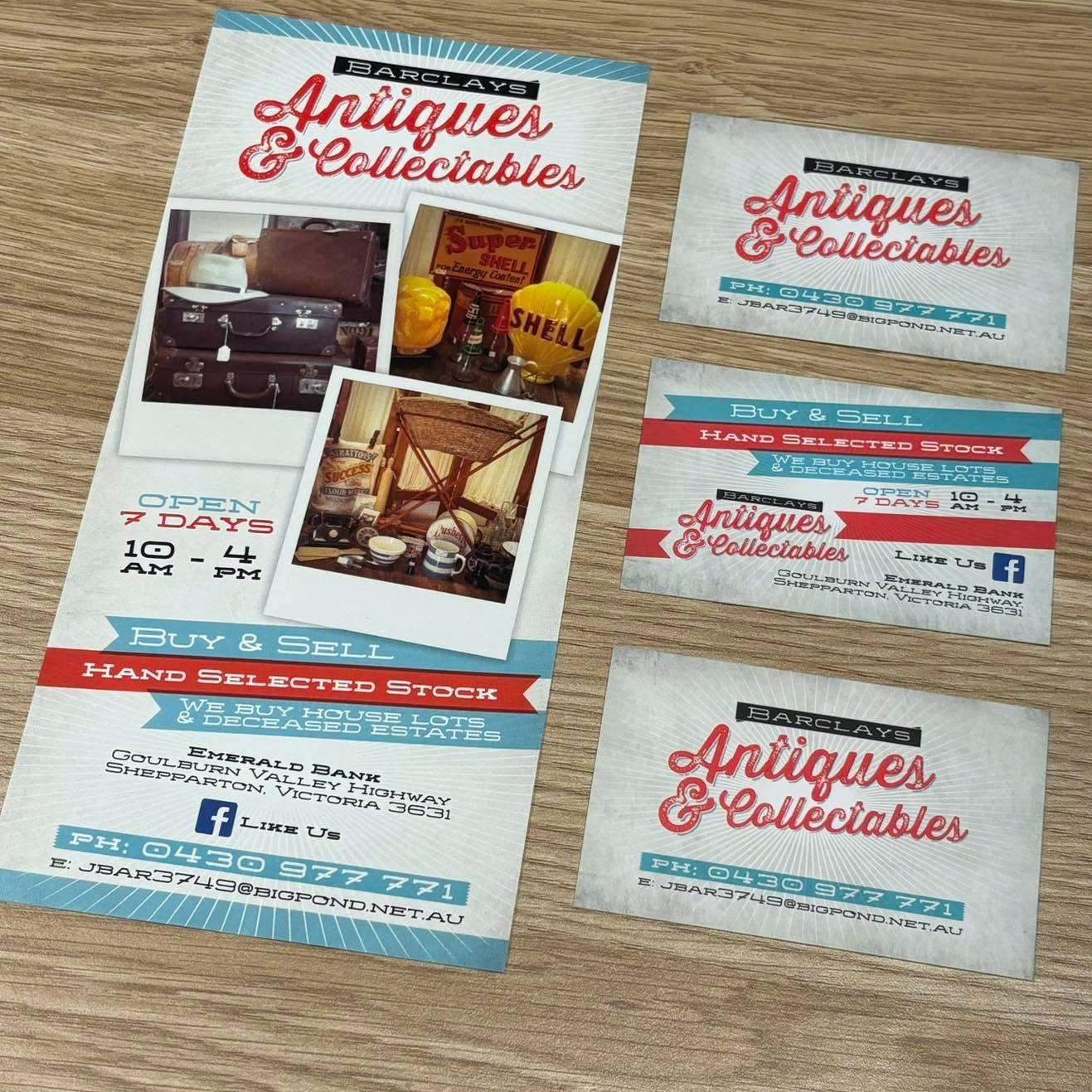 Have you been to Barclay's Antiques & Collectables?
This place is loaded with so many cool items.
Do yourself a favour and go see it for yourself, I guarantee you’ll find something you fancy.
Thank you team Barclay for utilising Fleuron Studio services.
DL Flyer and Double sided Matt business cards.
#Barclays #fleuronstudio #lovewhatido #lovedesign #emerald #bank #emeraldbank #shepparton #sheppartonbusiness