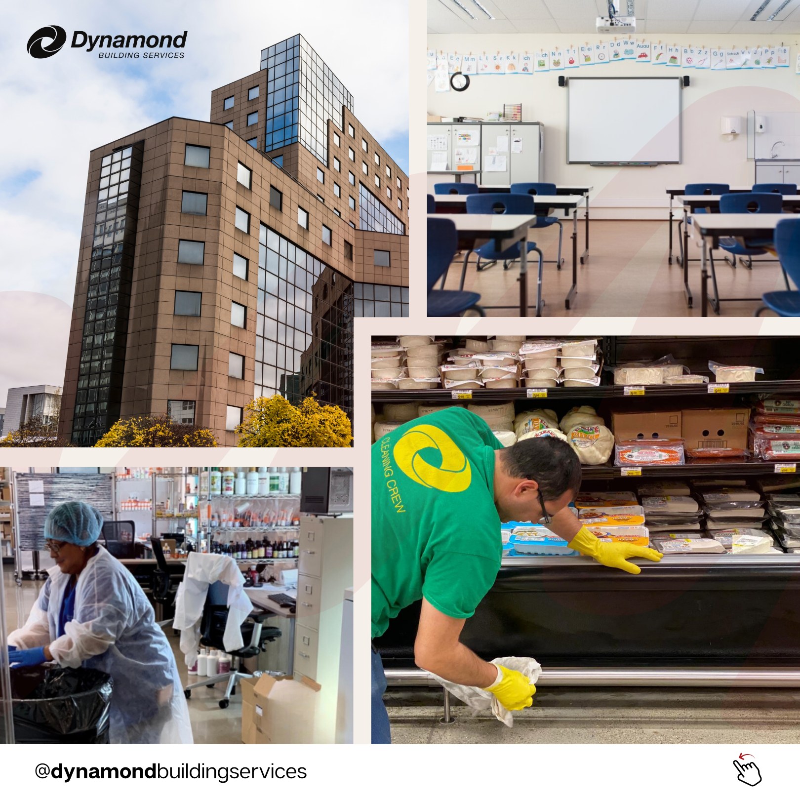 From office buildings to schools, labs, and supermarkets, Dynamond Building Services provides top-tier cleaning services across multiple industries. No matter the space, we ensure cleanliness, safety, and quality you can trust!
Call us today and stay tuned for specials and information about our company