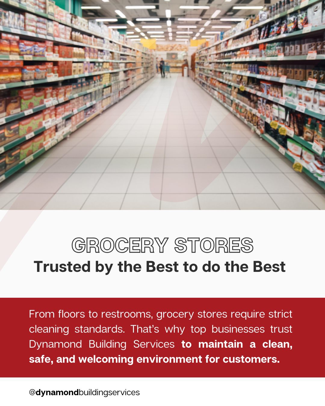 From floors to restrooms, grocery stores require strict cleaning standards. That’s why top businesses trust Dynamond Building Services to maintain a clean, safe, and welcoming environment for customers.