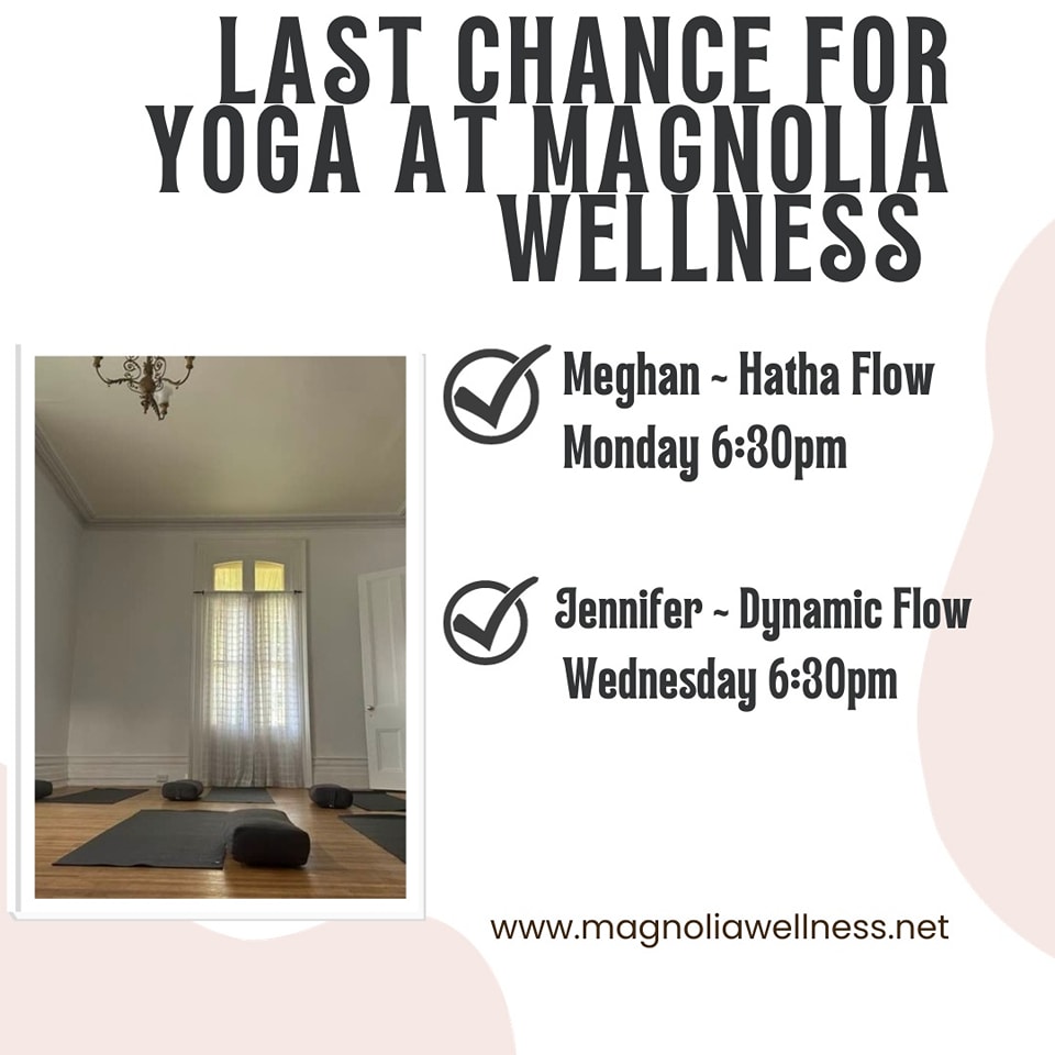 This is the last week for yoga at Magnolia Wellness. We thank everyone who has ever joined us on the mat! It has been a fantastic 12 years.