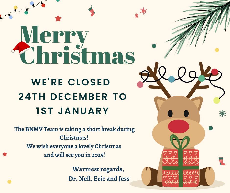 ๐๐พ Holiday Announcement from the BNMV Team! ๐พ๐
To give our team time to celebrate with their loved ones (and furry friends!), weโll be adjusting our hours for the holiday season:
๐ Closed: 24th December to 1st January 2025
๐พ Reopening: 2nd January 2025
In case of pet emergencies during this time, please contact BVECCS Albany Creek at 3264 9400.
Thank you for trusting us with your petsโ care this year! We wish you and your furry companions a safe and joyful Christmas. ๐
๐๐พ
Happy Holidays!
Dr. Nell, Eric & Jessica.
#MerryChristmas #PetCare #ThankYou #brisnorthmobilevet #mobilevetbrisbane