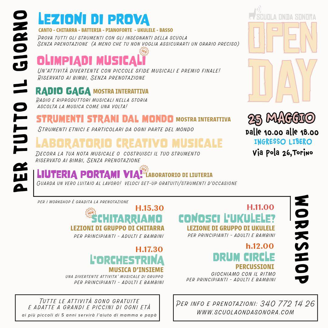 Una giornata di musica per tutta la famiglia
🔹SABATO 25 MAGGIO dalle 10.00 alle 18.00.
🌈Vieni a PROVARE la batteria, il pianoforte e gli altri STRUMENTI, insieme a uno dei nostri insiegnanti, sopri i nostri WORKSHOP e mettiti alla prova con le OLIMPIADI MUSICALI 😍
🎼Queste e tante altre attività musicali tutte gratuite e senza bisogno di prenotazione.
💥Guarda il programma completo sul nostro sito: www.scuolaondasonora.com