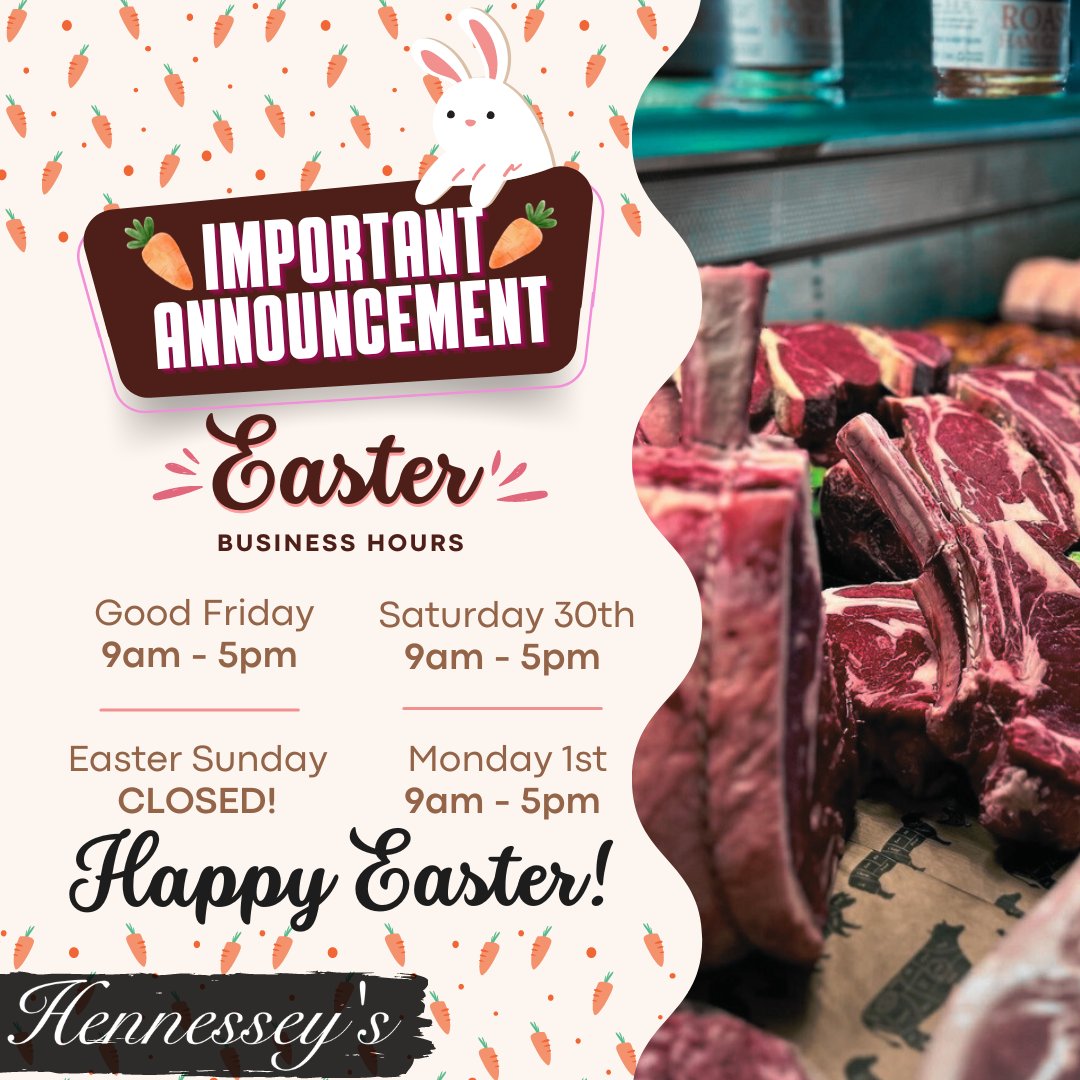 Hennessey's Easter Opening Hours
.
Good Friday: 9am — 5pm
Saturday 30th: 9am — 5pm
Sunday: CLOSED
Monday 1st: 9am — 5pm
.
www.hennesseylifestyle.co.uk
.
01284 386015
.
#supportlocal #suffolkbutcher #butchers #butchery
#beef #lamb #chicken #pork #freerange #steak
#highwelfare #wine #finefoods #farmshop #wine
#gifts #shoplocal #bbq #summer #spring #easter
#holidays #easterweekend #springlamb #coffeeshop #Butterworth #coffee #tea #easter #easterweekend
