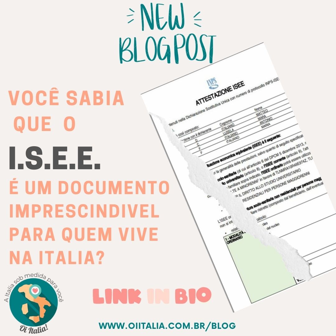 Caso tenha o desejo de habitar as terras italianas, há um documento imprescindível para o seu dia a dia: o ISEE. Fiz um post no blog trazendo detalhes de como obtê-lo, sua finalidade e onde se direcionar.
Quer ter a vida facilitada na Italia? Corre la no blog e veja todas as informaçoes de como conseguir esse documento, que é um dos mais importantes para quem vive na "Terra da bota”!
#oiitalia #cidadaniaitaliana #morarnaitalia #vivernaitalia #vidanaitalia #documentositalianos #documentosnaitalia