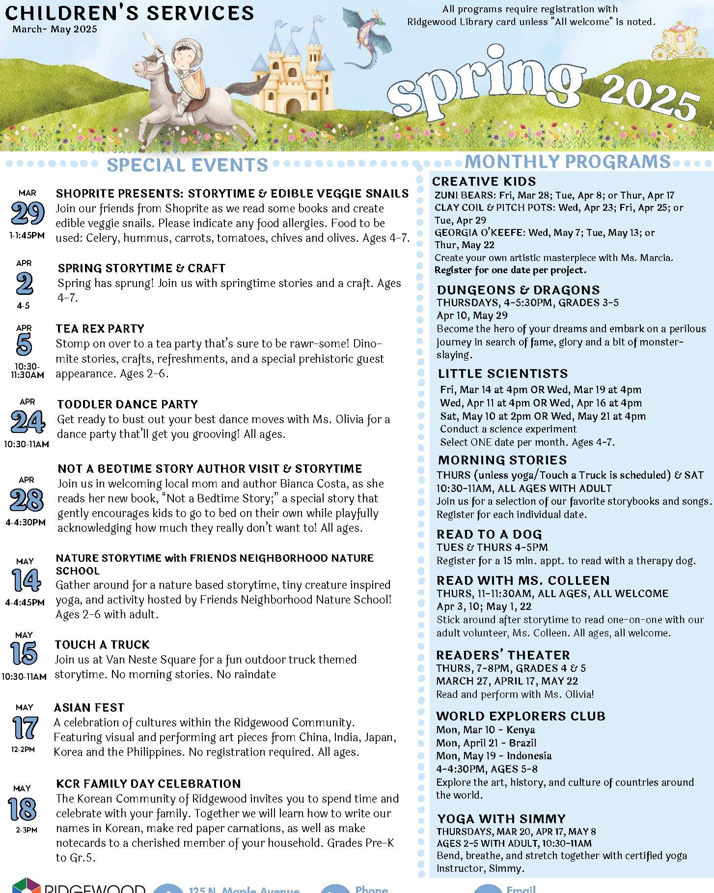 Kids already bored this Spring Break? Sign up for one of these amazing programs put on by the Ridgewood Public Library and funded entirely by your generous donations to Friends. More details and registration can be found on the library's children's services page.
Wednesday, April 16
4-4:30 - Little Scientists
Thursday, April 17
10:30-11:00 - Yoga with Simmy
11-12:00 - Drop-In Crafts
4-4:45 - Creative Kids: Zuni Bears
4-5:00 - Read to a Dog
7-8:00 - Reader's Theater
Saturday, April 19
10:30-11 - Morning Stories
#FriendsoftheLibrary #RidgewoodPublicLibrary