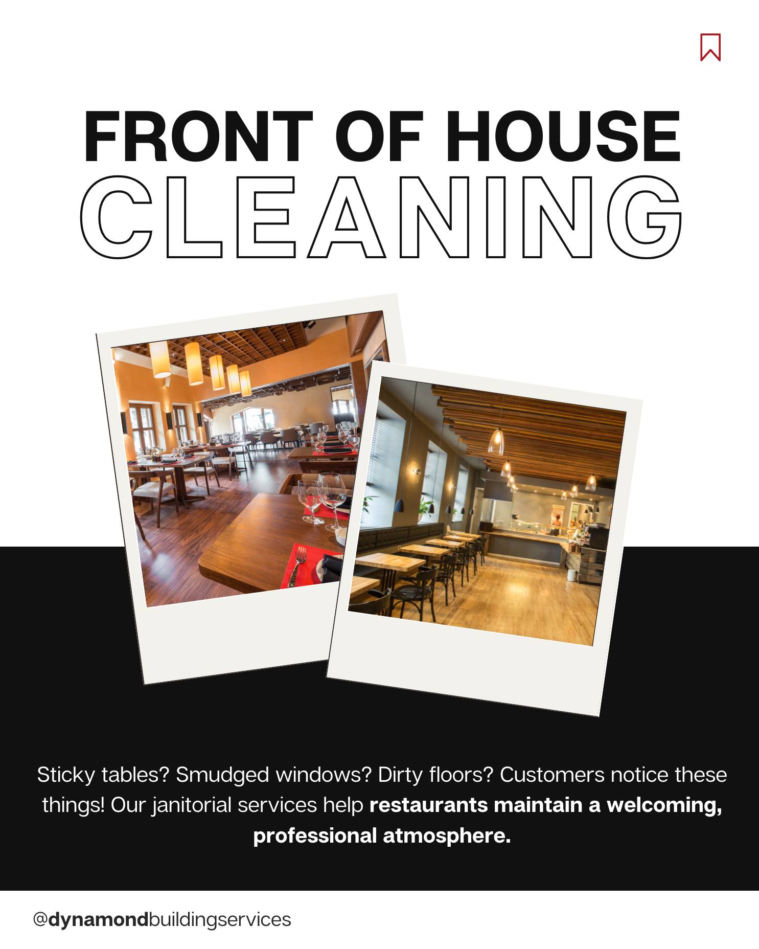 Sticky tables? Smudged windows? Dirty floors? Customers notice these things! Our janitorial services help restaurants maintain a welcoming, professional atmosphere.