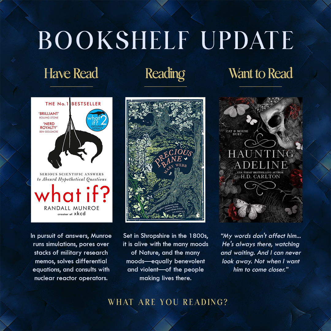 Bookshelf update!
Dragon Rose by Christine Pope was actually my latest read, but I discussed that in last month's post. Instead, I'm reaching back into my bookshelf for something I finished last year that I loved. I'll read anything by Randall Munroe, but I particularly recommend What If? and What If? 2. His approach to physics is hilarious, digestible, and fascinating. If I'd have had access to his books growing up, I might have been inclined to pay more attention in my science (and maths) classes!
Currently, I'm reading Precious Bane by Mary Webb, originally published back in 1924. The book was recommended—and loaned—to me by a neighbour, so the copy I'm reading is a delightfully weathered hardback, printed in 1929. I'm curious to get into this one, as it's actually a glimpse into some history quite local to me.
Haunting Adeline by H.D. Carlton was recommended to me by a precious alpha reader who's been working with me on my own books. While my series is beginning to take on a darker tone as the books go on and the main character matures, I felt it appropriate to add some darker reading to my list to see how other authors handle such material.
What are you reading?
#writingmood #noveleditor #indiesareworthit #amwriting #writingmotivation #instawrimo #writersblock #freelanceeditor #writinglife #bookeditor #aspiringauthor #writingtips #writingadvice #amediting #writerscommunity #amreading