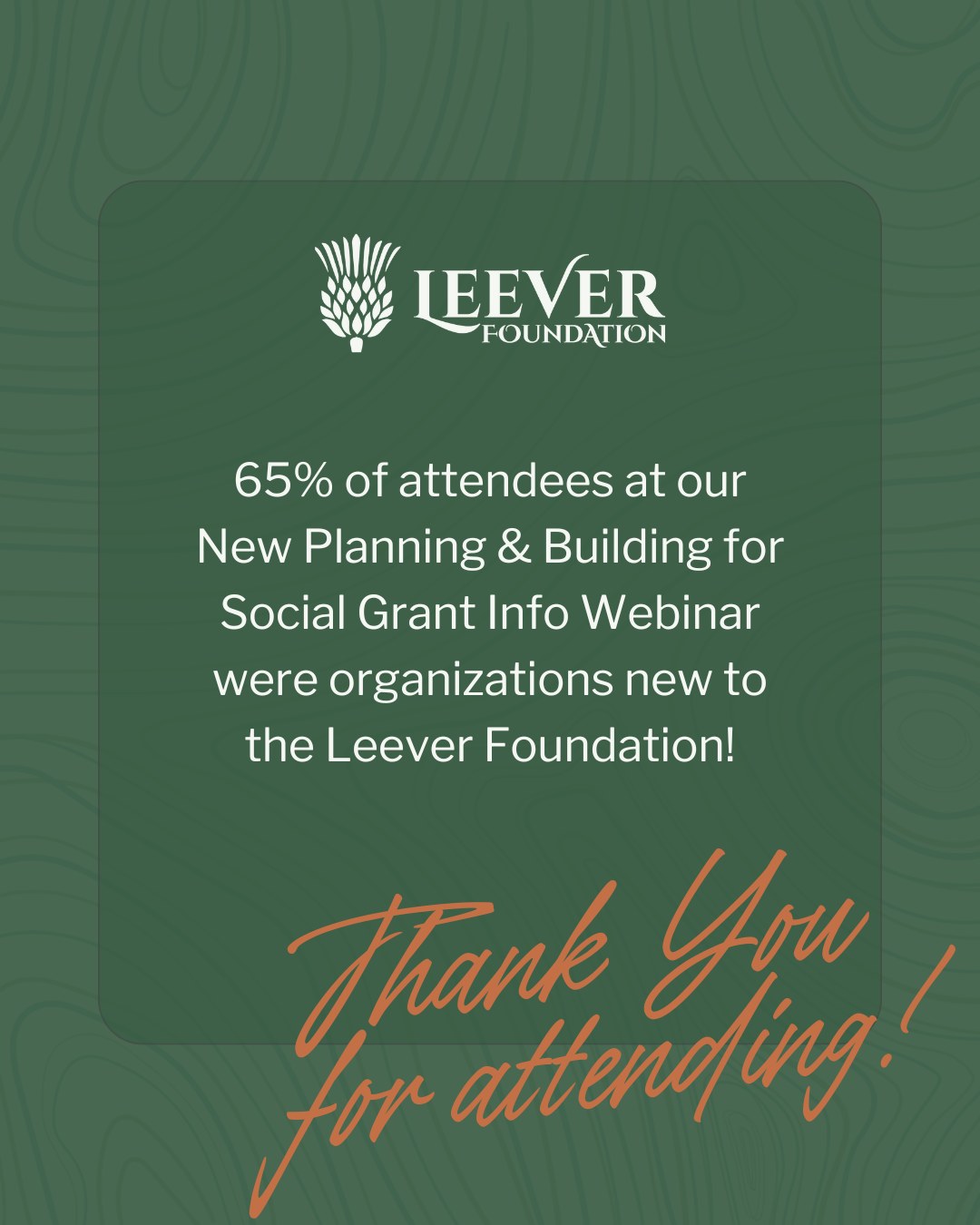 Thank you to everyone who joined our webinars for the new Planning and Building for Social Justice Grant Opportunity! 🎉 65% of registrants were new to the Leever Foundation. We're excited to build these new connections and grow this work together. 💪🏾✨
#SocialJustice #GrantOpportunity #LeeverFoundation