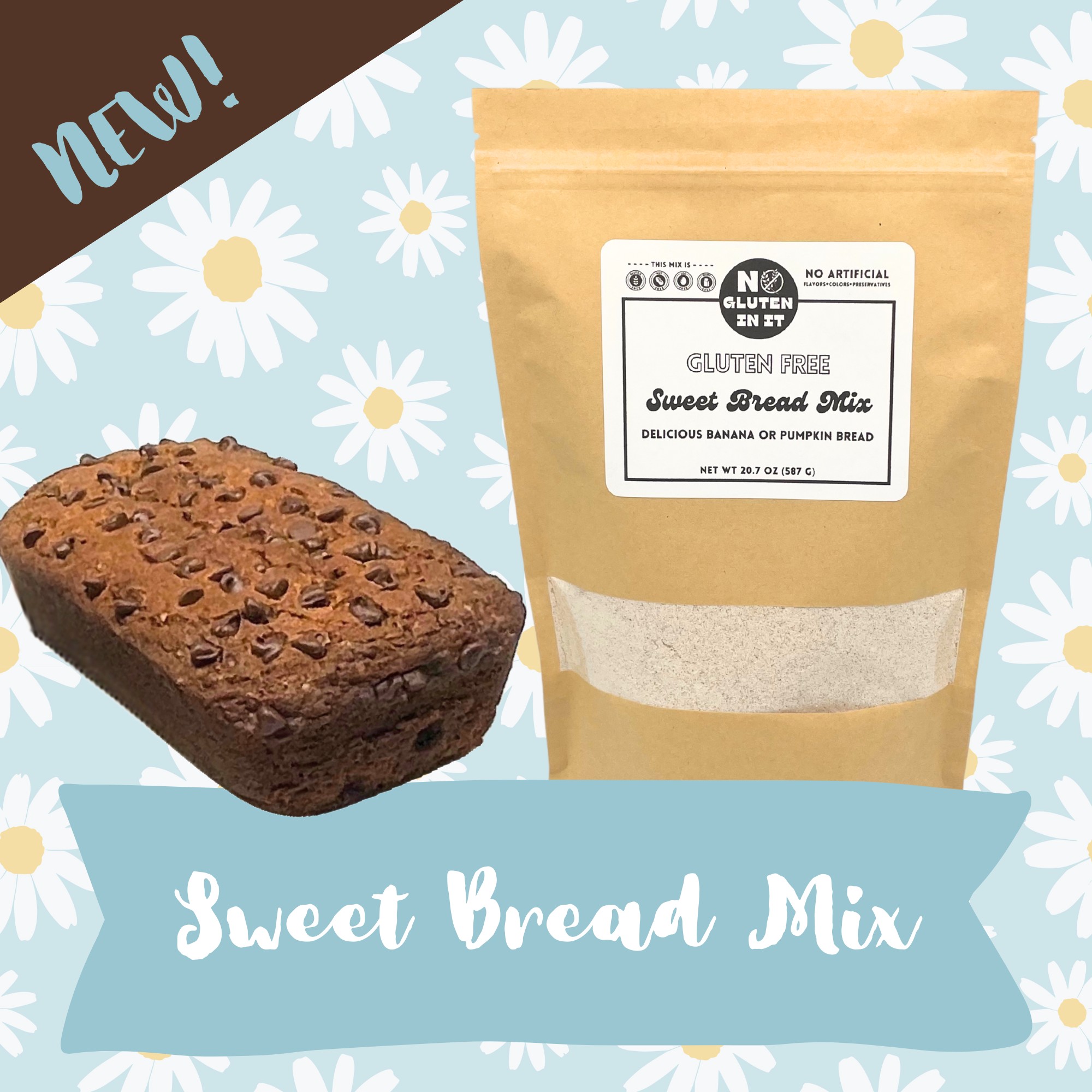 New Product Alert!
Gluten-Free Sweet Bread Mix. Perfect for delicious moist Banana or Pumpkin Bread.
Get yours online or come see us at Bush-N-Vine Saturday 4/26.
www.nogluteninit.com
#glutenfree #GlutenFreeGoodness