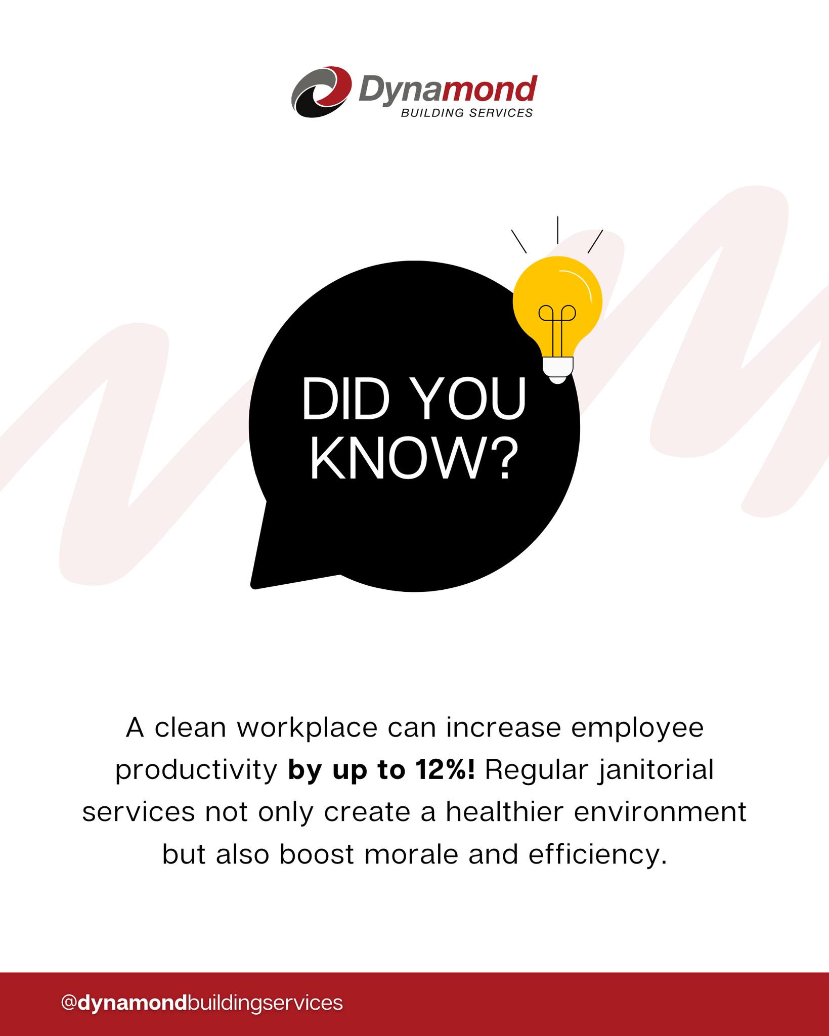 Did you know that a professionally cleaned workplace can boost employee productivity by up to 12%? A clean environment leads to healthier, happier, and more motivated teams!
Trust Dynamond Building Services to keep your business spotless and thriving.
📞 Call us today to schedule your janitorial services!