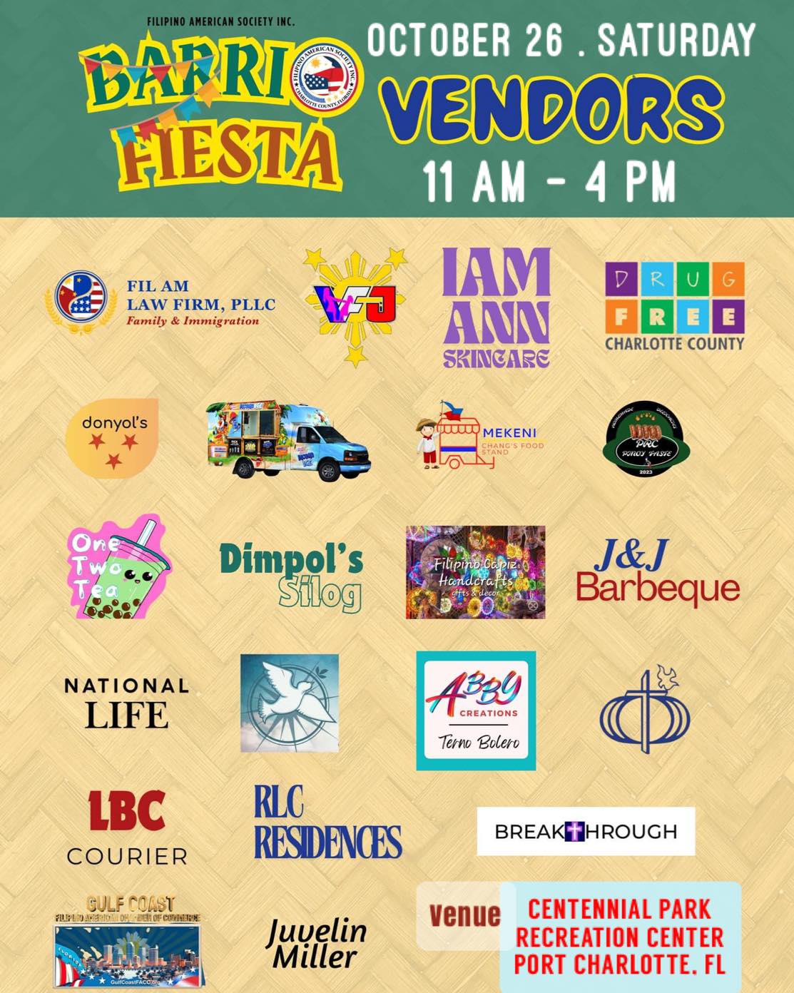 FREE EVENT AND PARKING
Centennial Park Recreation Center
(Port Charlotte, FL)
Celebrate Filipino-American Heritage!
๐ต๐ญ๐บ๐ธ๐ต๐ญ๐บ๐ธ๐ต๐ญ๐บ๐ธ๐ต๐ญ๐บ๐ธ๐ต๐ญ๐ต๐ญ๐บ๐ธ๐ต๐ญ๐บ๐ธ
Lots of unique products, delicious food, and special services! Shop, connect, and make a differenceโall in one day!
#FASBF2024 #BarrioFiesta2024
๐งก www.donyols.com/popup