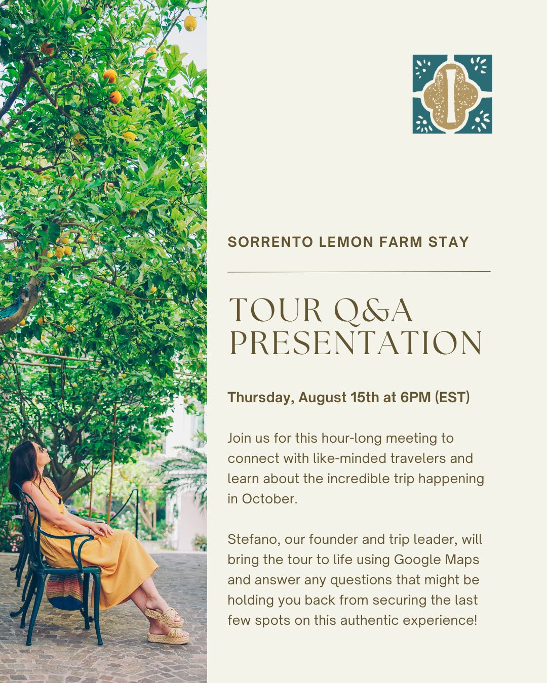 Bring a glass of wine and your love for Italy to this interactive, live virtual experience, where you'll learn about the trip of a lifetime from the comfort of your home! 🍋✈✨
Sign up at www.iforitalia.com/event-details/sorrento-presentation to attend!