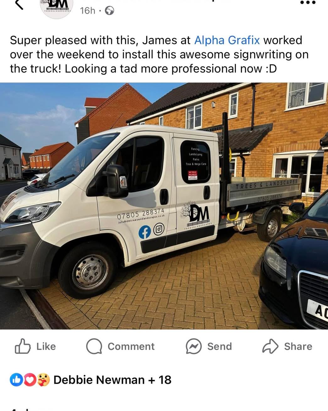 We love hearing what customers thing of our work.
Thank you Daniel Matthews at D M Trees And Landscapes trusting us to bring their vision to life.
We’re glad you love our work.
Get in touch to see what we can do for you!
#alphagrafix #vehicle #graphicdesign #happycustomer #LocalBusiness #supportlocal #vehiclegraphics #signwriting #signwritten