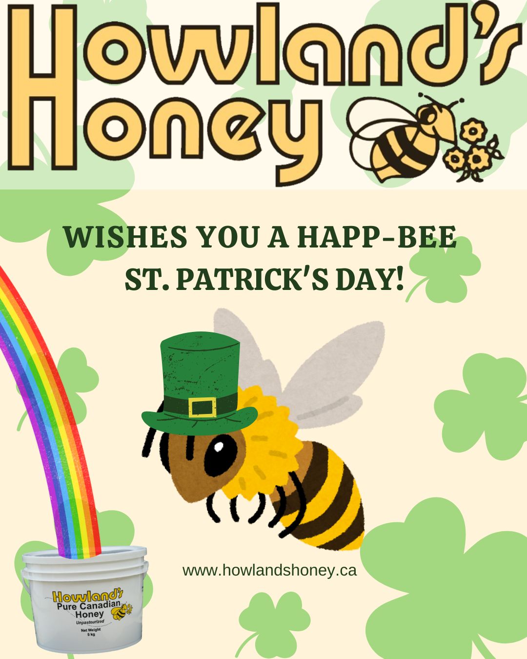 🍯🍀 Happy St. Patrick's Day from Howland's Honey! 🌈✨ This year, why not find your pot of gold in a jar of our delicious honey? Dive into the sweetness that awaits beneath the rainbow and celebrate with a taste of nature's finest. Check out our delightful products at www.howlandshoney.ca and make your day a little sweeter! 🍯💚 #StPatricksDay #HowlandsHoney #SweetLuck