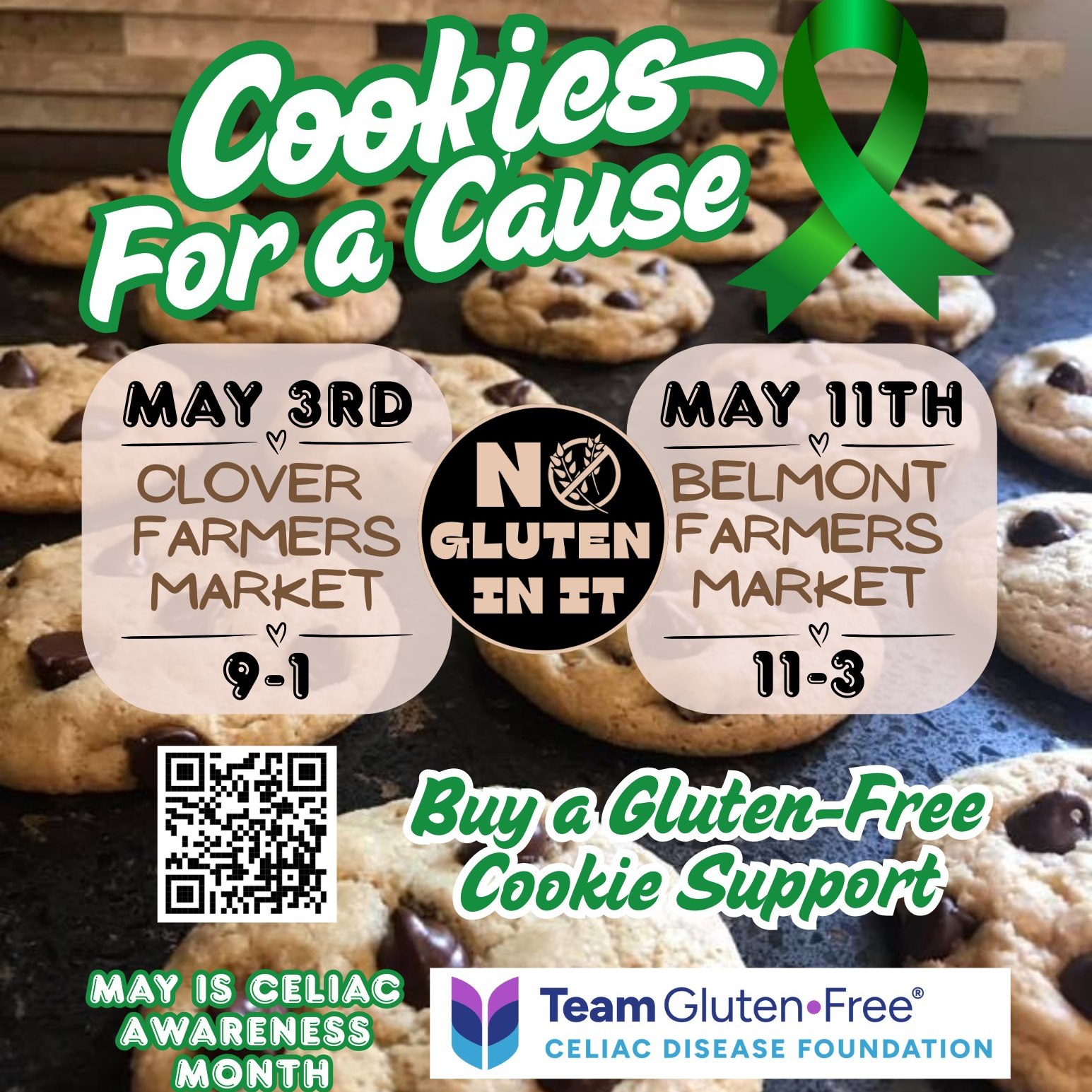 May is Celiac Awareness Month, and we're baking up something special — Cookies for a Cause! 🍪
Stop by Clover Main Street this Saturday 9-1, grab a sweet treat, and support a cause that’s close to our hearts — proceeds from cookie sales will benefit the Celiac Disease Foundation 💚
Visit our team page at: https://give.celiac.org/team/653440
#GlutenFreeForGood #CeliacAwareness #CookiesForACause #cloverfarmersmarket