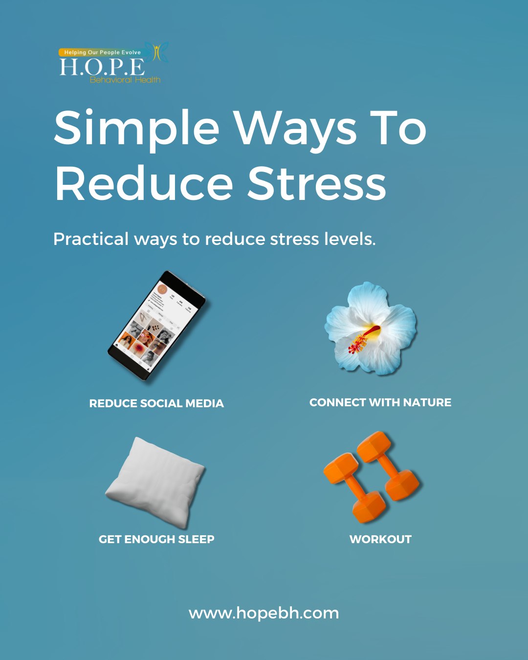 Stress won't just disappear on its own, but these small steps can make a big difference. ✨
Sometimes the simplest solutions have the most impact:
📵Put your phone down (yes, after reading this post)
🌿Connect with nature, even if it's just 10 minutes
💤Prioritize your sleep like you would any appointment
🏋🏽Move your body in ways that feel good to YOU
No complicated routines or expensive treatments - just practical ways to bring your stress levels down when life feels overwhelming.
Need more personalized stress management strategies? Our therapists can help you build a plan that works for your real life.
Call us: (240)280-3245 or visit our website. 🔗 in bio.
Which of these do you find most helpful for managing stress? Drop a 💙 below!
.
.
.
.
#StressManagement #MentalHealthTips #SelfCareBasics #WellnessJourney #HOPEBehavioralHealth #WaldorfMD
