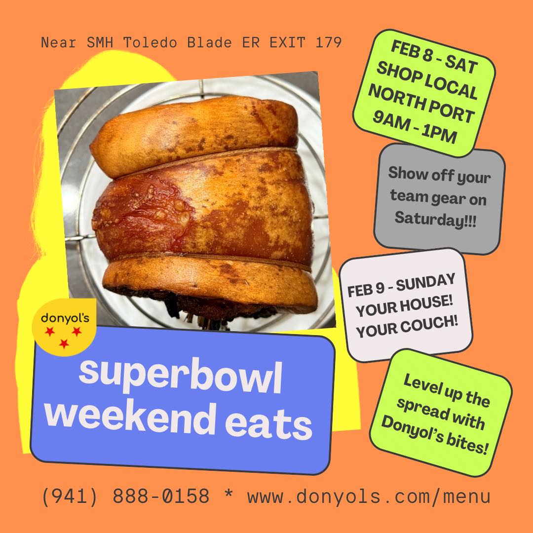 ๐๐ช๐ผ ๐ EAT LIKE A CHAMP ๐ ๐ช๐ผ๐
Get your game face on with Donyolโs food on the table. Itโs time for lechon bites, siomai, roasted peanuts, veggie lumpia, puto cheese and so much more!!!
๐ Pre- party at the Shop Local North Port
๐ FEB 8 SAT (9AM to 1PM)
๐Beside SMH ER Toledo Blade, exit 179
๐ ORDER AHEAD for Sundayโผ๏ธ
๐ www.donyols.com/menu
๐ (941) 888-0158
๐ Crave.Eat.Repeat.
