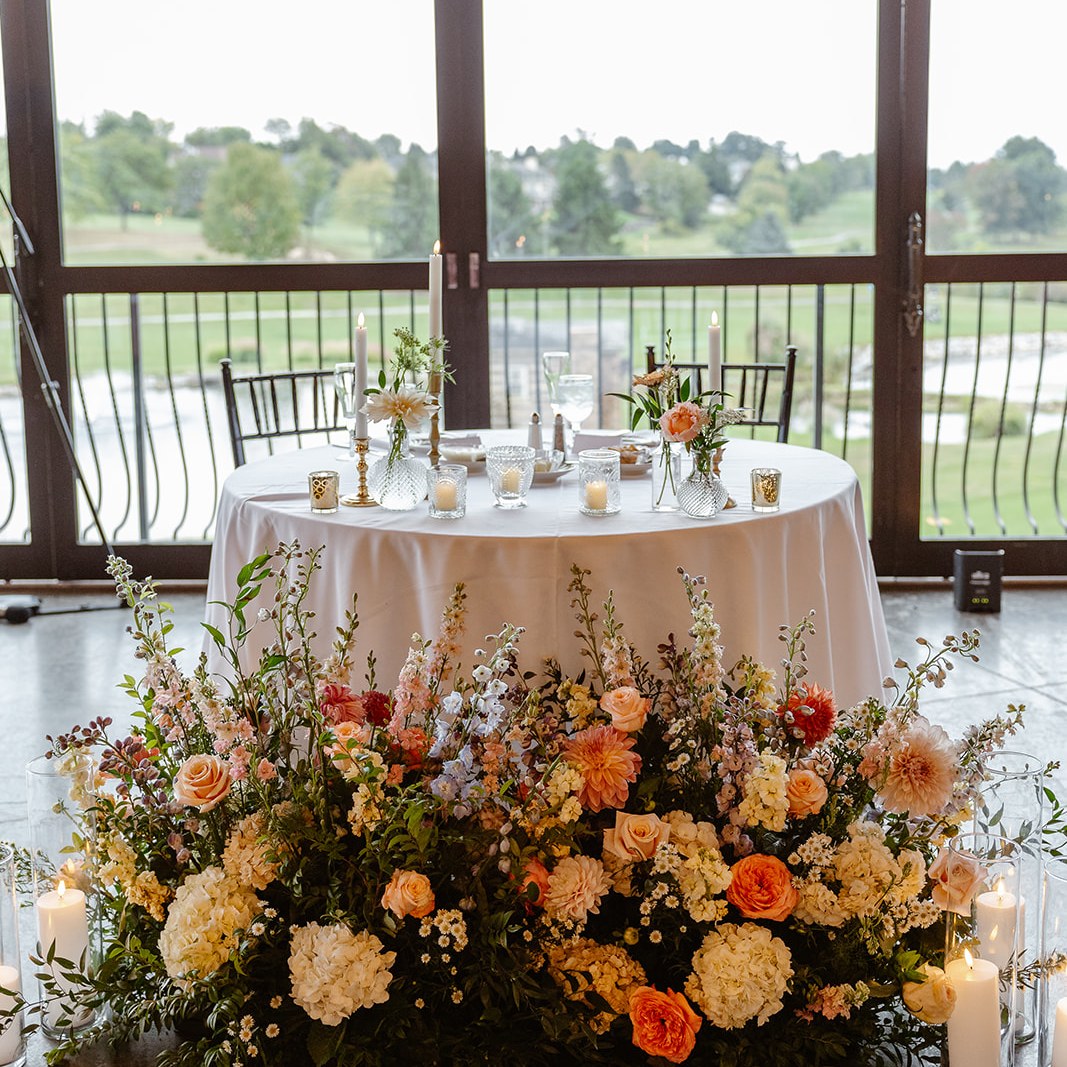 Love the idea of beautiful aisle designs but want a gorgeous sweetheart table too? We can customize those beautiful pieces to do double duty! #sweethearttable #everafterfloraldesign #luxuryweddingflorist #paweddingflorist #lancasterwedding