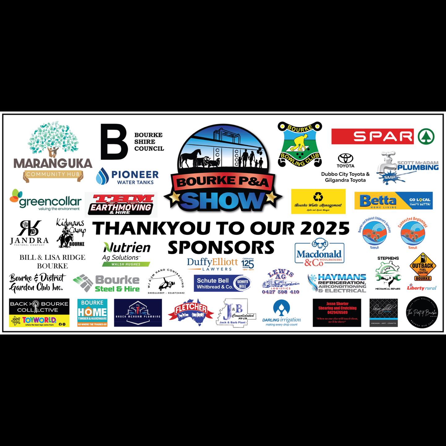 - SPONSORS SIGN -
Events like the fantastic Bourke Show, on this Saturday, don’t happen without an amazing hardworking committee and sponsors!
I designed this sponsors sign for the Bourke Show this year displaying all the businesses who sponsored this years show! I’ve also copied a photo here of some of the committee members this week with the sign thanking the sponsors.
Get behind this weekend’s show!! It’s going to be a brilliant day! Go and have a fun day out with your family!!
And again a BIG thankyou to the amazing committee and sponsors who make it all happen!!
#lauragillarddesign #designer #bourke #bourkensw #backobourke #bourkeshow #bourkeshow2025 #customdesign #events #sponsorssign #coreflutesign #eventsignage