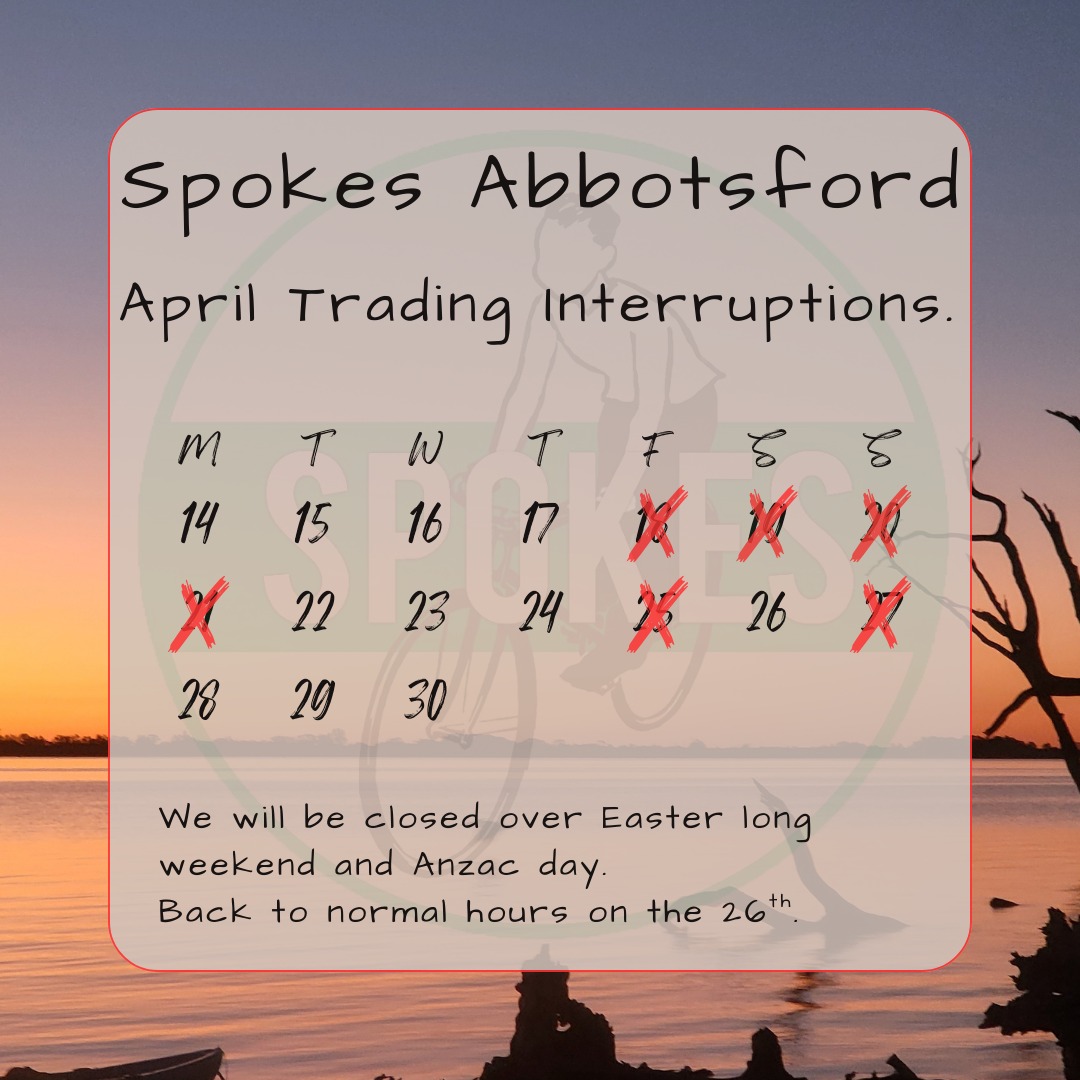 A few interruptions to normal trading hours ahead.
While were closed you can still book your servicing online and browse our range.
www.myspokes.com.au