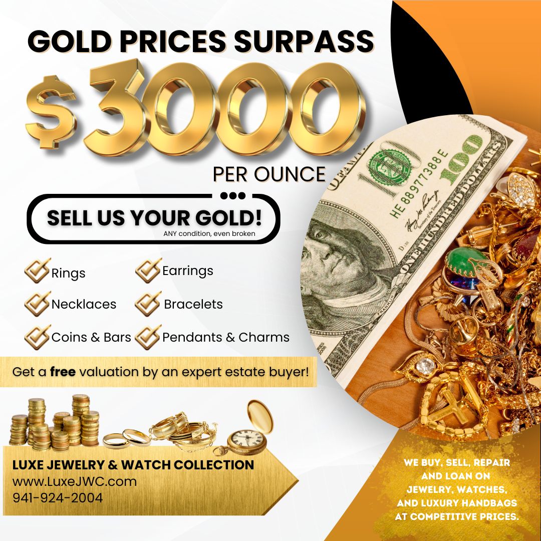 Gold reaches new all time high at over $3200 today! It’s a great time to cash in on your broken or unwanted jewelry! Stop on by today for an on the spot cash offer! No appointments necessary!