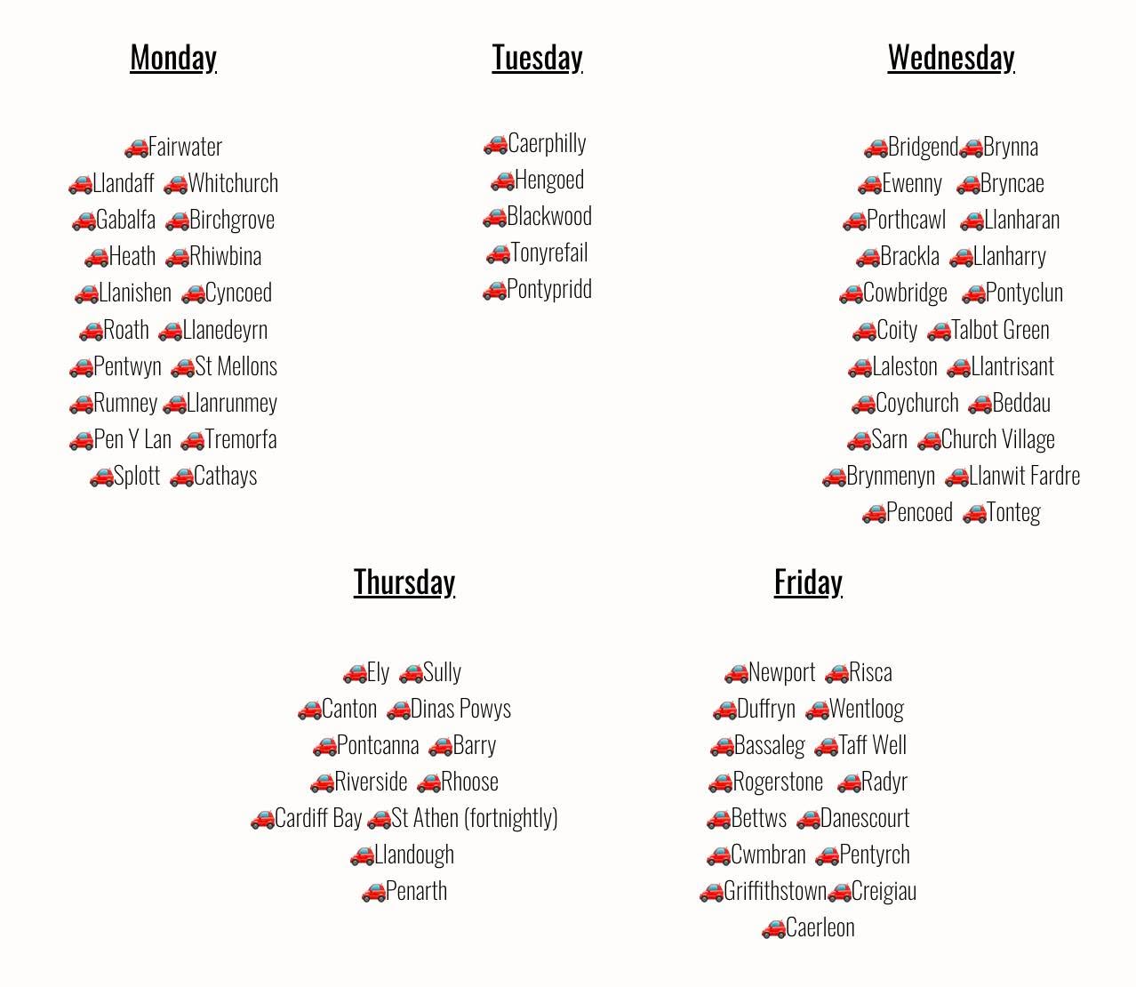 Where do we deliver? From Cardiff to Caerphilly, Newport to the Vale, we deliver fresh, free-range eggs and seasonal produce across South Wales every week!
🚗 Here’s how it works:
We deliver to specific areas each day, and delivery is always free. Check the list to find your area, if you don’t see it, drop us a message! We’re always looking to expand.
📍Areas we cover:
🗓️ Monday – Cardiff (North & East)
🗓️ Tuesday – Caerphilly, Hengoed, Blackwood, Pontypridd
🗓️ Wednesday – RCT & Bridgend
🗓️ Thursday – Cardiff (West), Vale, Barry
🗓️ Friday – Newport, Cwmbran, Taffs Well & surrounds
Tap the link in bio to place your order 🚚
#CardiffDelivery #SouthWalesLocal #FreshEggsDelivered #FruitAndVegBox #SupportLocalWales
