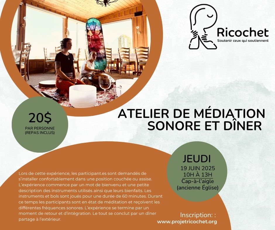 📢Il nous reste encore quelques places pour le dernier atelier de méditation sonore du printemps, qui se déroulera le jeudi 19 juin à l'ancienne Église de Cap-à-l'Aigle, de 10h à 13h.
Si la météo est favorable, nous profiterons du cadre pour aller dîner aux Jardins du Cap-à-l'Aigle, et ainsi savourer la saison des lilas 🌺.
Offrez-vous cette parenthèse de bien-être avant le début de l'été et venez vivre un moment de détente et de ressourcement 🥰.
Inscrivez-vous ici:https://www.projetricochet.org/event-details/atelier-de-meditation-sonore-et-diner-partage-2