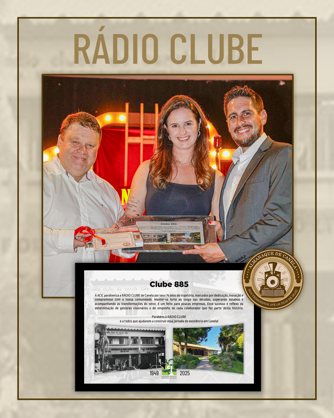 Durante a cerimônia de 80 anos da ACIC, no dia 28 de março de 2025, a Rádio Clube recebeu uma homenagem em reconhecimento aos seus 76 anos de história. O Almanaque de Canela conta a trajetória desta empresa que virou um símbolo da cidade. Confira a matéria completa - link na bio!
#almanaquedecanela #radioclubecanela #80anosACIC