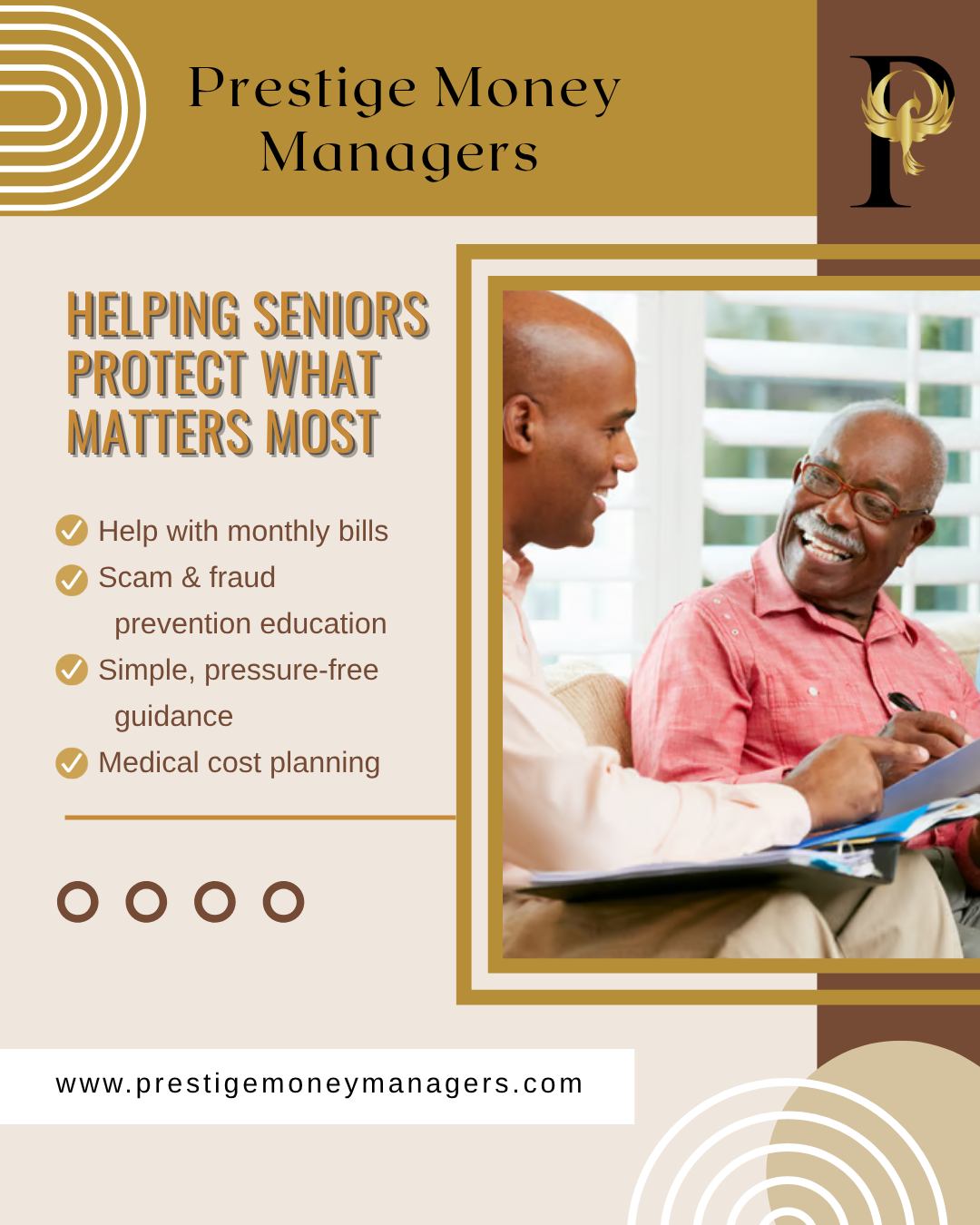 Worried about scams, bills, or confusing financial decisions? Prestige Money Managers offers trusted financial services designed just for seniors 55+. From budgeting and fraud prevention education & oversight to clear guidance on tough money choices, we’re here to help every step of the way. Let’s talk about how we can assist you or a loved one. Stay confident. Stay in control. Stay supported. #SeniorSupport #FinancialWellness #PrestigeMoney #SafeAndSecure #BudgetHelp #FinancialPeace #FinancialConfidence #GoldenYears