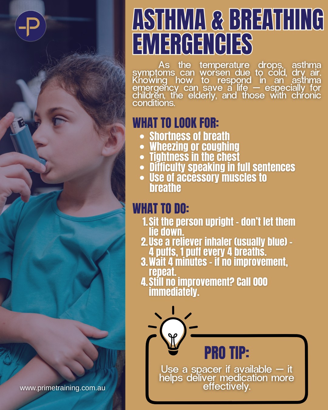 Cold weather can trigger asthma — are you prepared?
Chilly air can cause wheezing, shortness of breath, and even severe asthma attacks, especially during winter. Knowing how to respond can save a life.
✅ Sit the person upright
✅ Use a reliever inhaler (4 puffs, 4 breaths each)
✅ Call 000 if symptoms don’t improve
🎓 Learn how to handle asthma and other emergencies with HLTAID011 – Provide First Aid
👉 Book now at primetraining.com.au
#asthmafirstaid #breatheeasy #HLTAID011 #primefirstaid #coldweathercare #firstaidaustralia #beprepared #winterhealth #emergencyready