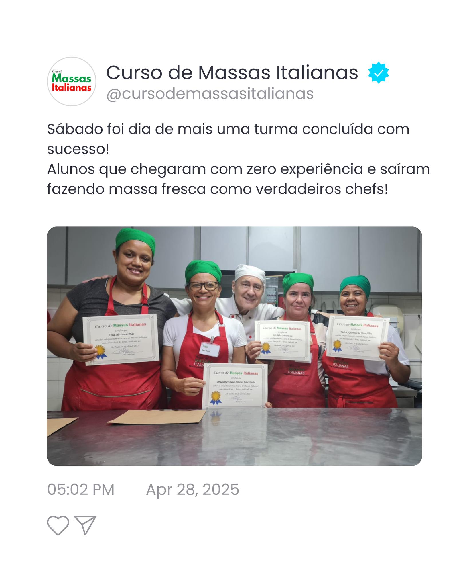 Sábado foi dia de mais uma turma concluída com excelência!
Alunos que iniciaram o curso sem nenhuma experiência e finalizaram com domínio técnico na produção de massas frescas artesanais — como verdadeiros profissionais da gastronomia.
Parabéns pela dedicação e evolução de cada um!