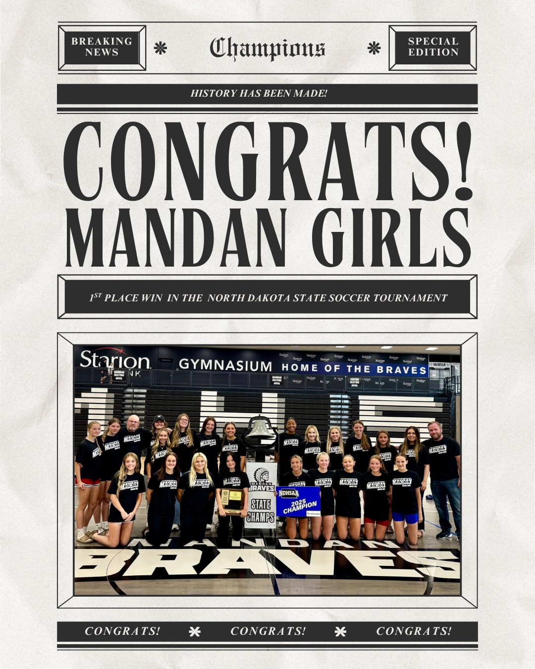 We are beyond excited for the Mandan High School Girls Soccer Team for their Championship WIN this past weekend in Fargo. This is the first time the girls have made it to the state title in school history and they WON!!! Congratulations to all the girls coaches. We are so happy for you.