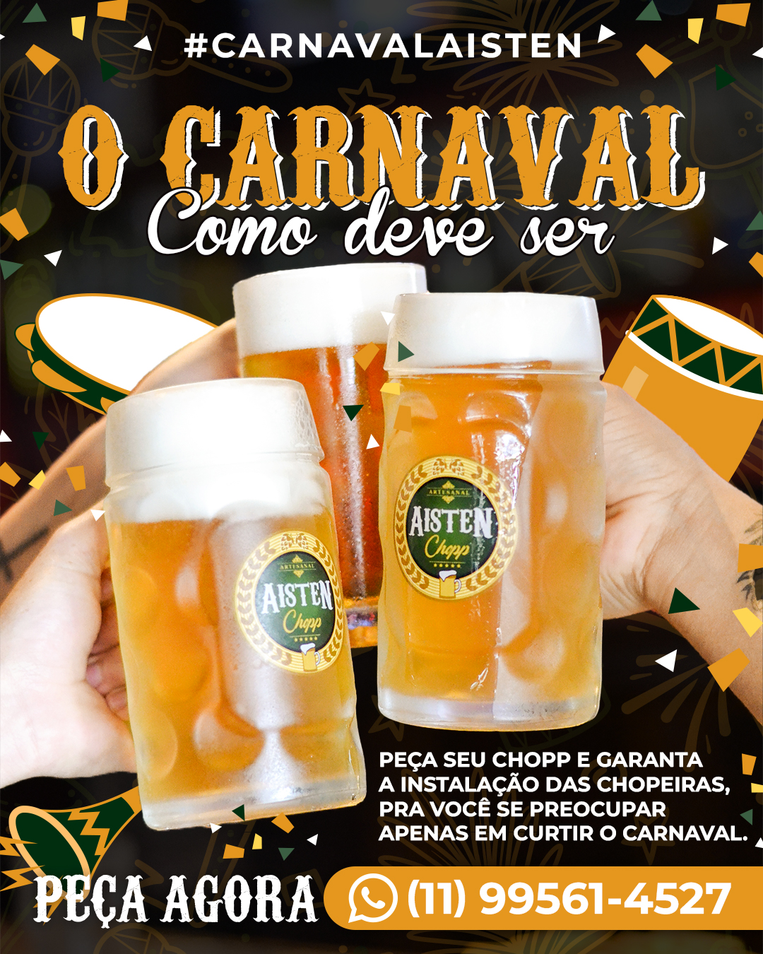 Seu carnaval merece muito Chopp Aisten para deixar a folia como deve ser! 🎊
Ao pedir nossos deliciosos chopps artesanais, não apenas garantimos esse precioso líquido dourado, mas também cuidamos de todos os detalhes para que você aproveite sem preocupações.
Por que escolher Aisten Chopp para o seu Carnaval?
✅ Chopp Artesanal: Uma experiência de sabor única que vai transformar seu carnaval.
✅ Instalação Profissional: Deixe para nós a instalação das chopeiras, para que você só precise se preocupar em se divertir.
✅ Retirada Descomplicada: Após a festa, cuidamos de tudo. Você relaxa enquanto nós desmontamos as chopeiras.
✅ Atendimento Personalizado: Estamos aqui para garantir que cada gole seja perfeito, e cada momento, memorável.
Neste Carnaval, liberte-se para se divertir enquanto nós cuidamos dos detalhes.
Faça do seu Carnaval algo único com o chopp Aisten, como deve ser.
Entre em contato agora para garantir o seu chopp e reservar a instalação exclusiva para o Carnaval!
📱 Peça pelo Whatsapp (11) 99561-4527
📞 Peça pelo telefone (11) 4456-9899
Acesse o nosso site e conheça mais!
📱aistenchopp.com.br
#carnaval2024 #chopp #choppartesanal #ipa #pilsen #choppgelado #samba #blocoderua #folia #choppaisten